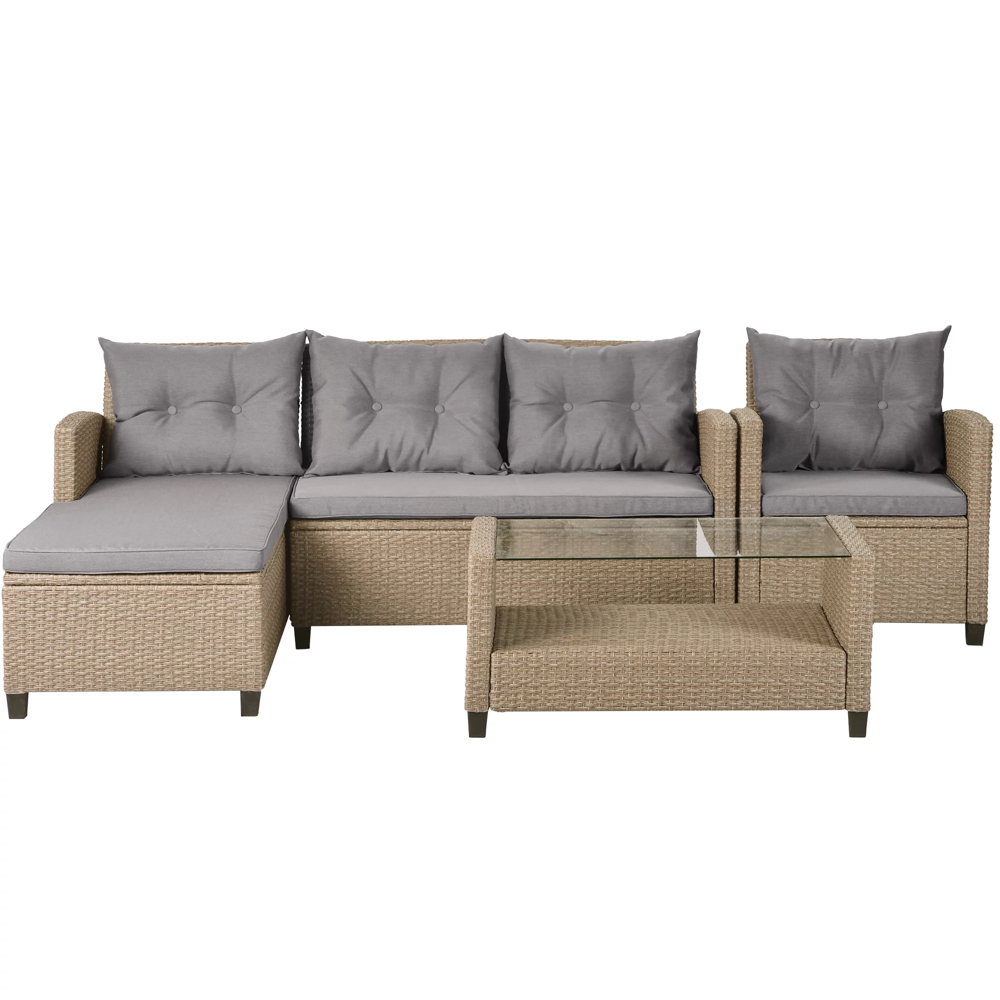 Al Fresco 4 PCS Patio Sofa Set, Outdoor PE Rattan Seating Chat Set with 2 Seater Sofa, Lounge Sofa, Coffee Table and Sofa Chair, Sectional Conversation Sofa Set for Garden, Backyard, Poolside