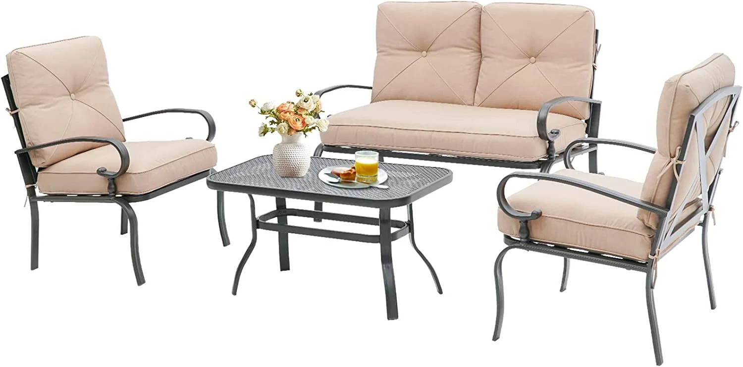 Dina 4 Pieces Outdoor Metal Furniture Patio Conversation Set Loveseat  2 Dining Chairs and Coffee Table for Lawn Front Porch Garden  Brown Cushions