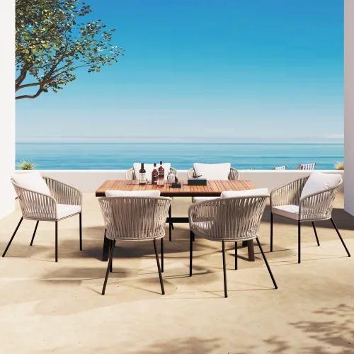 7 Pieces Patio Dining Set, All-Weather Outdoor Furniture Set with Dining Table and Chairs, Acacia Wood Tabletop, Metal Frame, for for Garden, Backyard, Balcony, Beige
