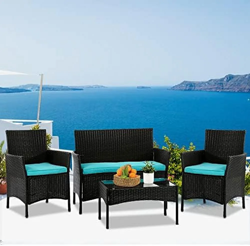 LNSETGC 4 Pieces Patio  Set Conversation Chairs  Outdoor Wicker Patio Set with Table Patio Seating Rattan Patio Sofa for Balcony Backyard Front Porch Decor Set with Cushion Seat  Blue