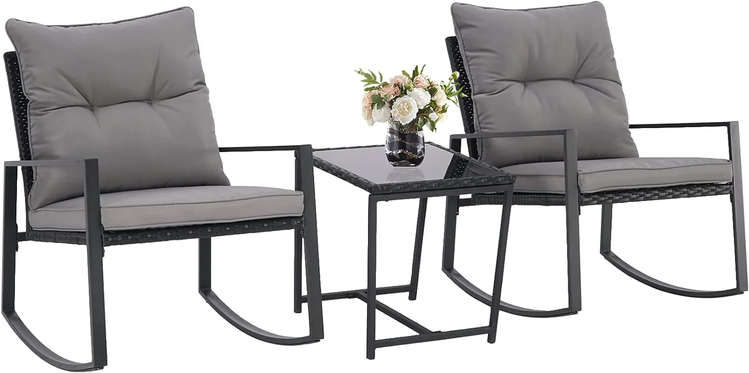 SUNCROWN 3 Pieces Outdoor Rocking Chair Set Patio Wicker Rattan Bistro Set Conversation Furniture with Cushions and Glass Coffee Table(Beige)