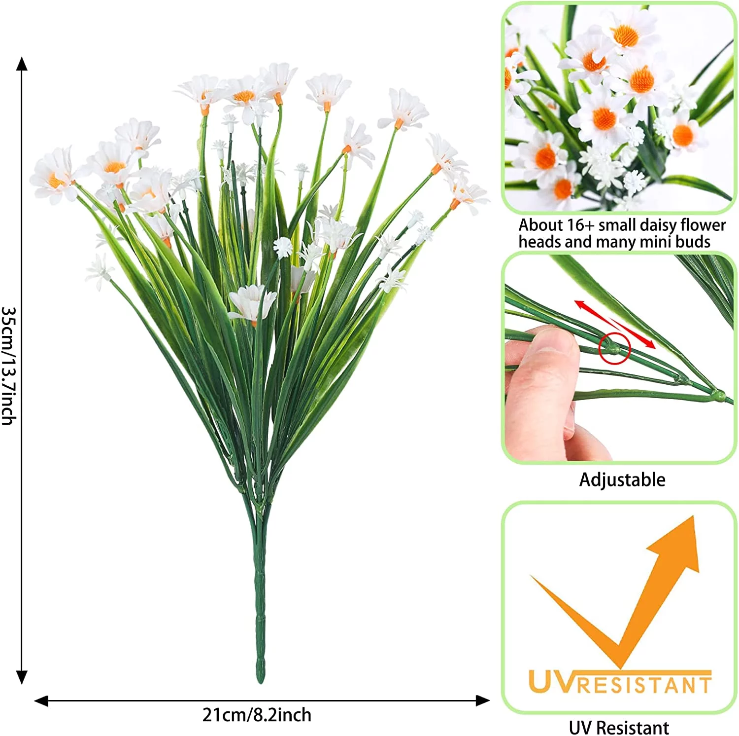 6 Bundles Artificial Daisies Flowers, UV Resistant Faux Flowers, Fake Plastic Flowers Shrubs for Indoor Outdoor Garden Window Box Home Wedding Decor(White)