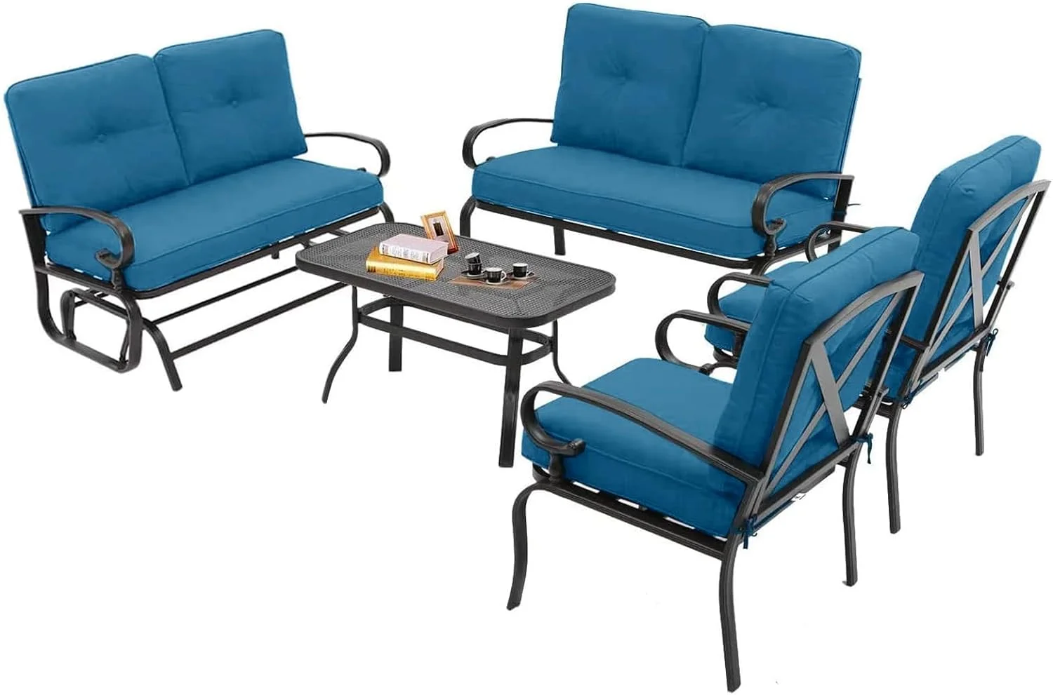 Dina 5 Pcs (6 Seats) Outdoor Patio Furniture Conversation Sets  Glider  Loveseat and Coffee Table  2 Lounge Chairs with Cushions (Peacock Blue)