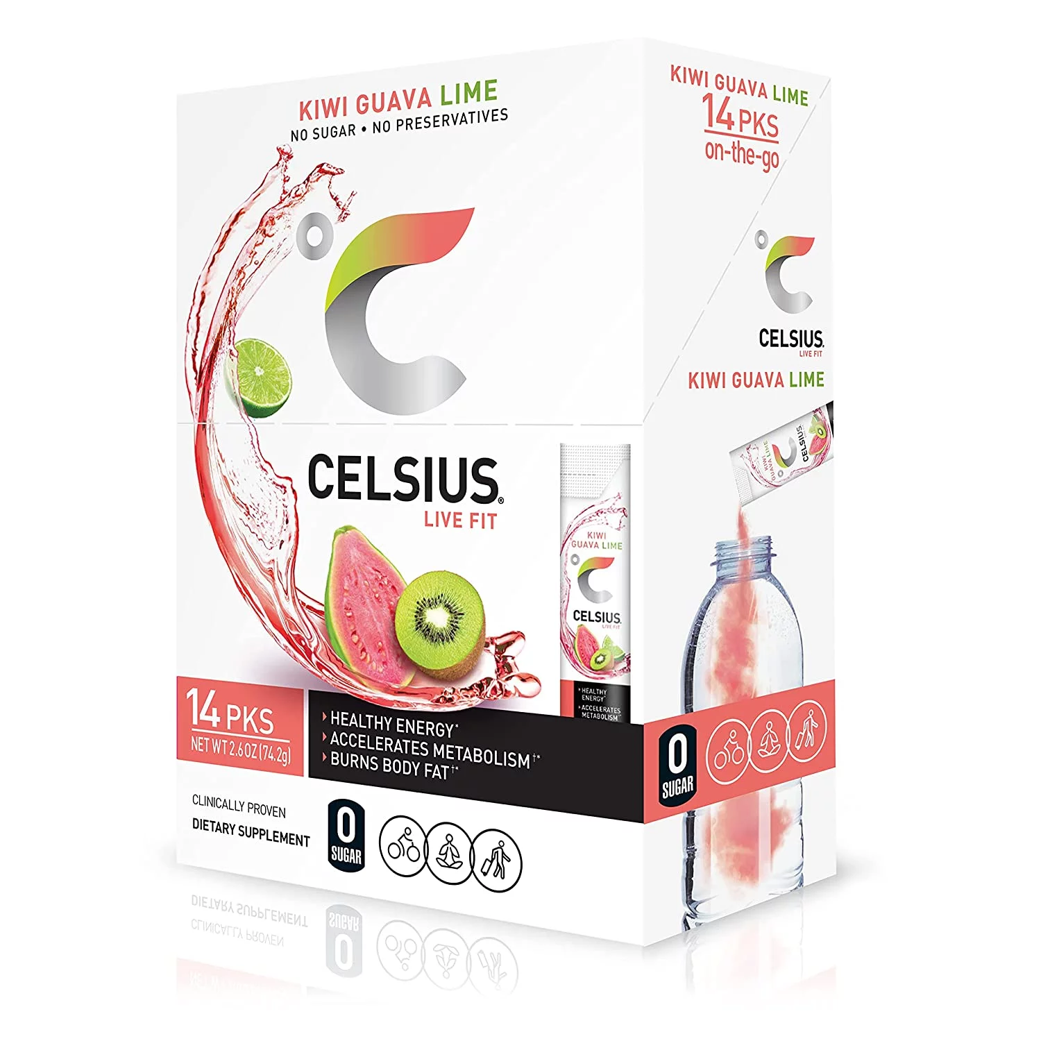 CELSIUS Kiwi Guava Lime On-the-Go Powder Stick Packs, Zero Sugar (14 Sticks per Pack)