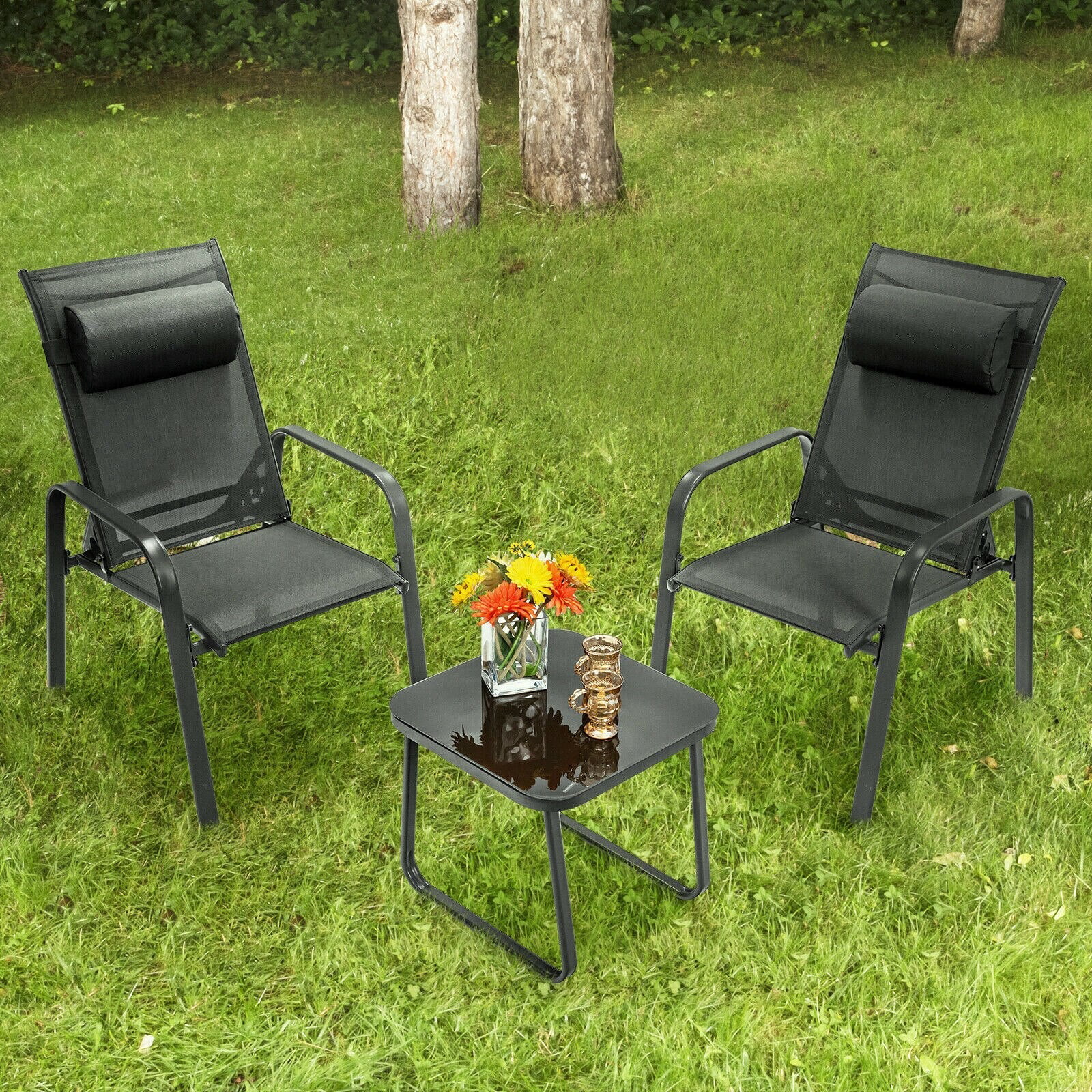 3PCS Patio Bistro Furniture Set Adjustable Back Stackable Chairs
