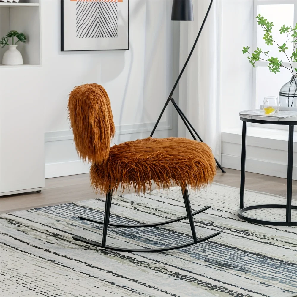 Artificial fur plush rocking chairs, elderly and   care chairs with metal rocking chairs, fluffy cushioned glider chairs, comfortable medieval modern living room chairs, bedroom chairs (Caramel)