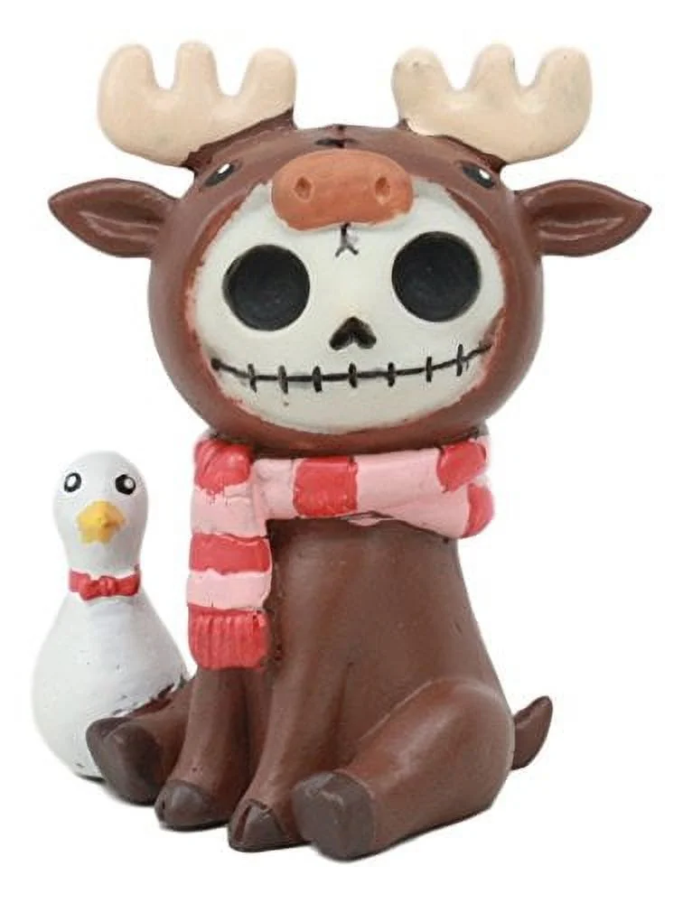Ebros Furry Bones Pink Scarfed Spruce The Moose With White Duck Skeleton Figurine 3
