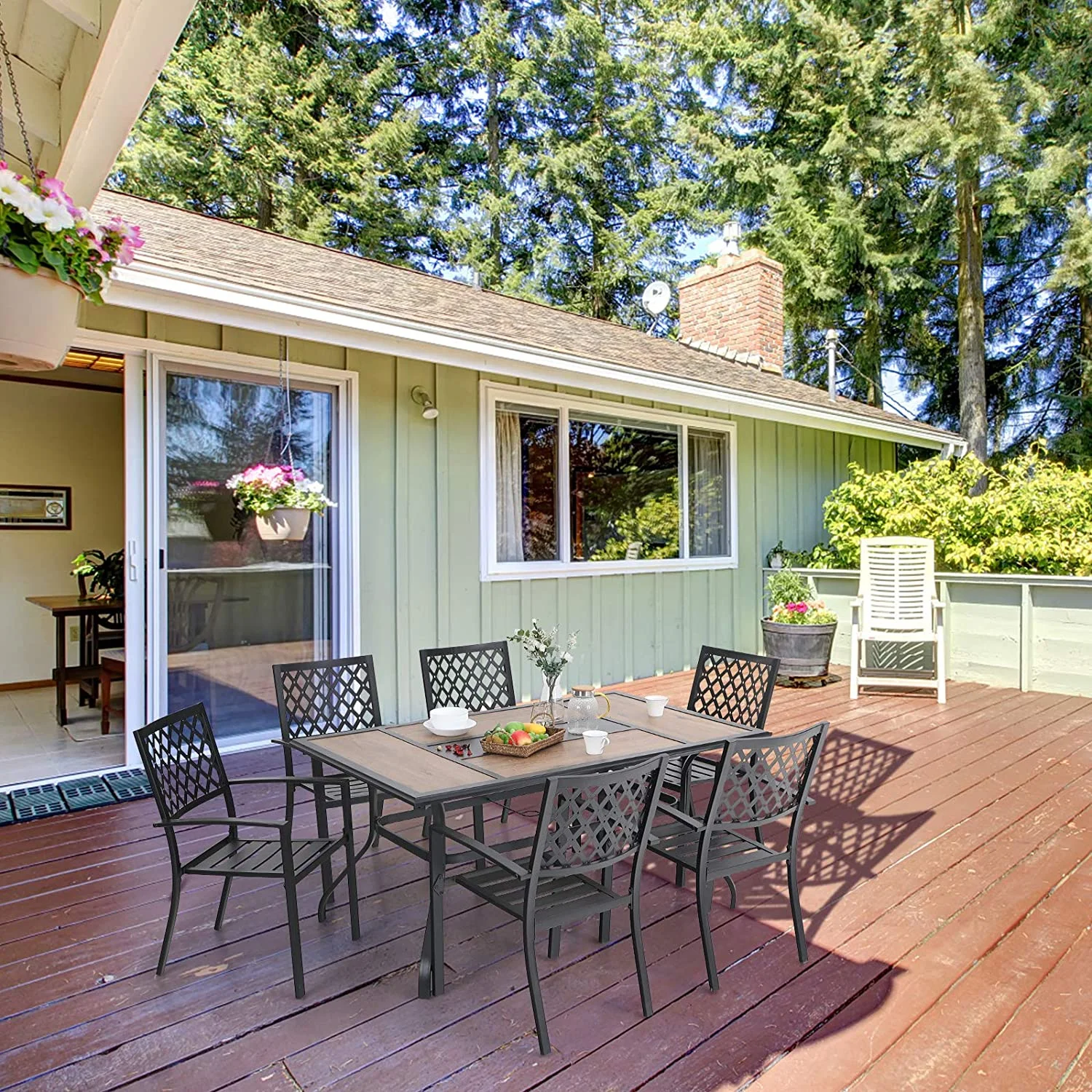 VILLA Patio Dining Set 7 Pcs 1 Metal Dining Table and 6 Patio Stackable Chairs for Outdoor Backyard Bistro Furniture Set