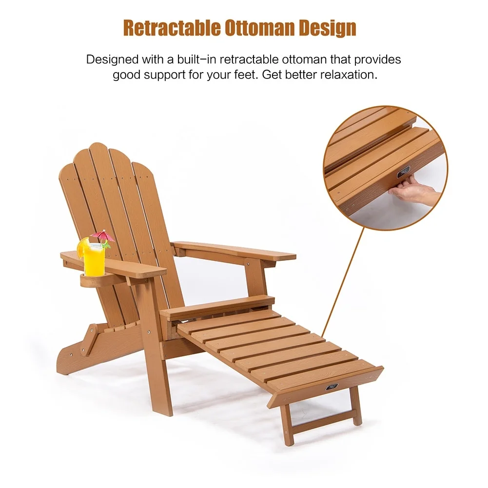 Foldable Adirondack Chair with Pullout Ottoman with Cup Holder Brown