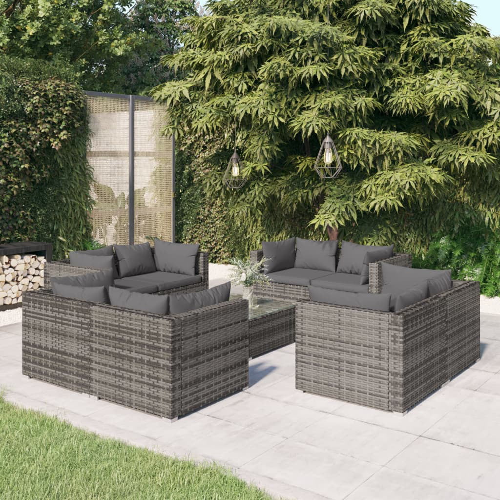 Dcenta 9 Piece Patio Set with Cushions Poly Rattan Gray