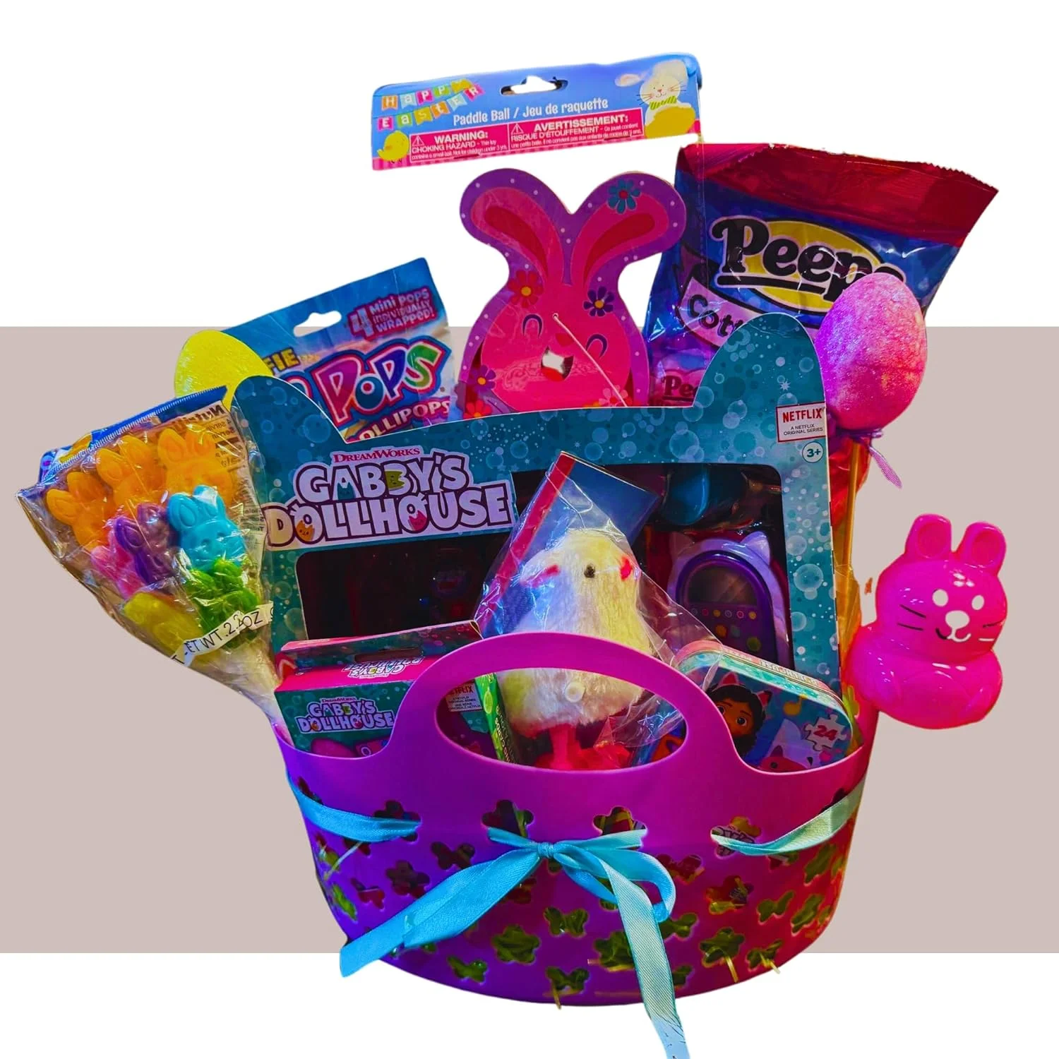 Everyday Necessiteez Music Room Playtime Easter Gift Basket with Dollhouse Mini Doll Chick Plush Paddle Ball Cotton Candy Lollipops & Reusable Purple Clover Bucket Spring Party Favors (Contents Vary)