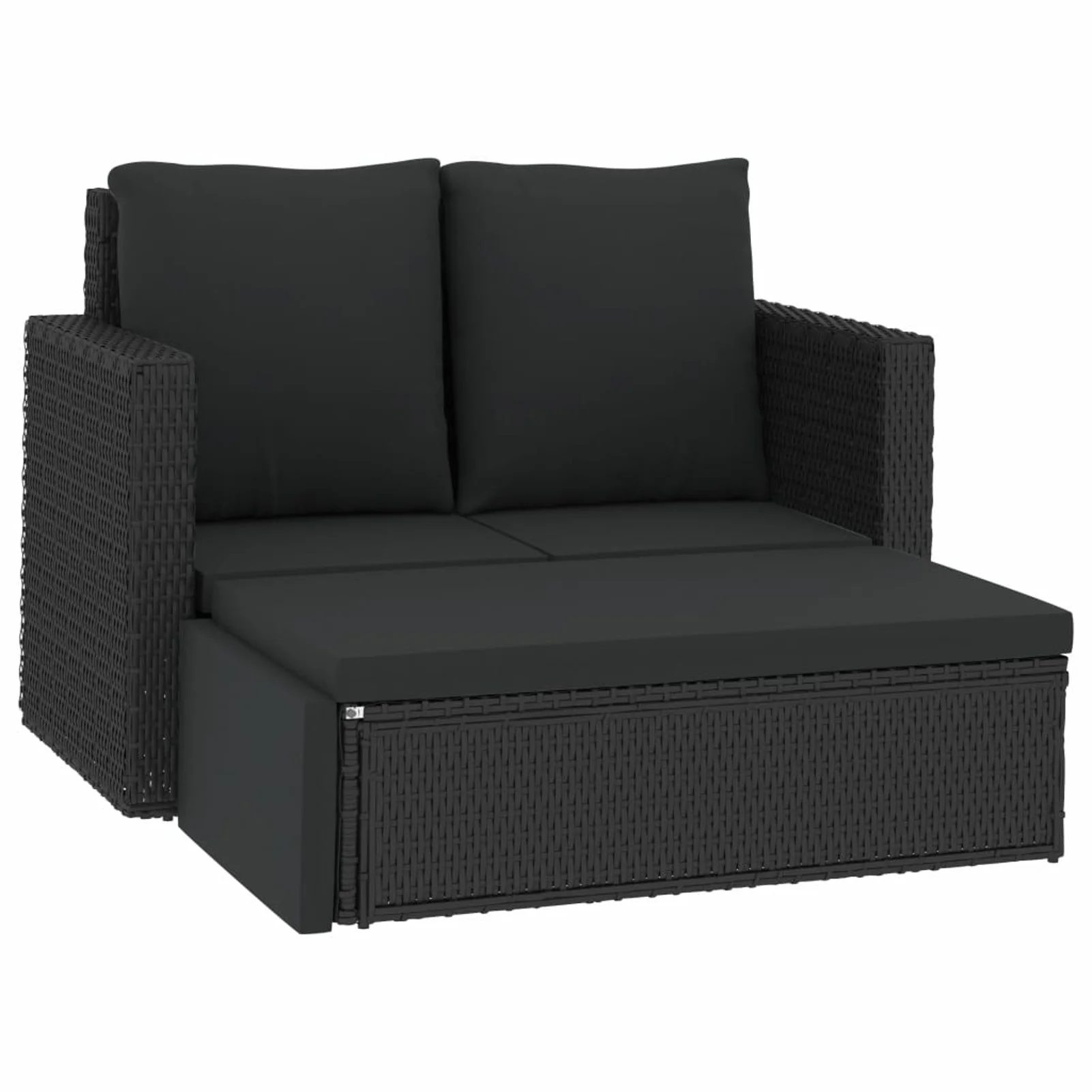 Anself 2 Piece   Set 2-Seater Sofa with Stool and Cushions Black Poly Rattan Sectional Sofa Set for Backyard, Garden, Patio, Balcony, Poolside,  Furniture