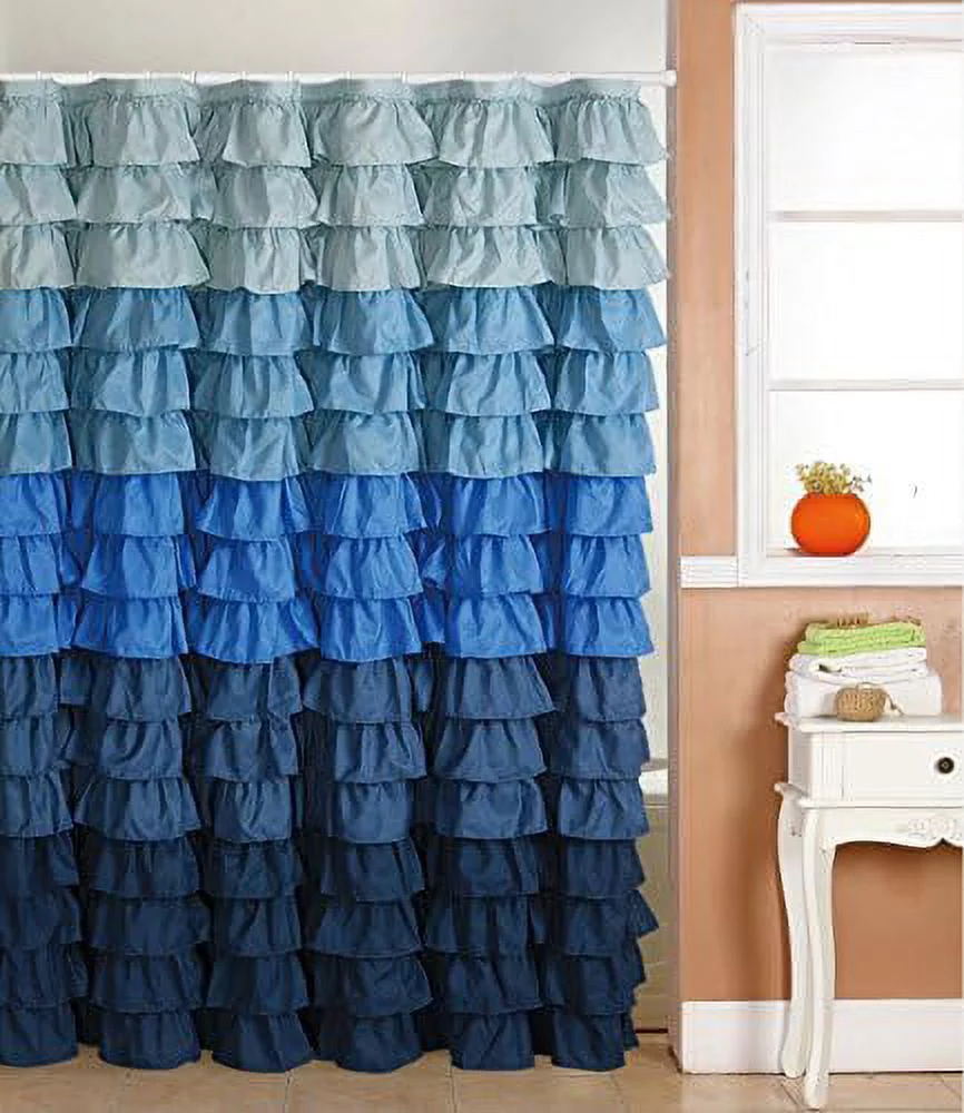 waterfall ruffled fabric shower curtain (blue rain)
