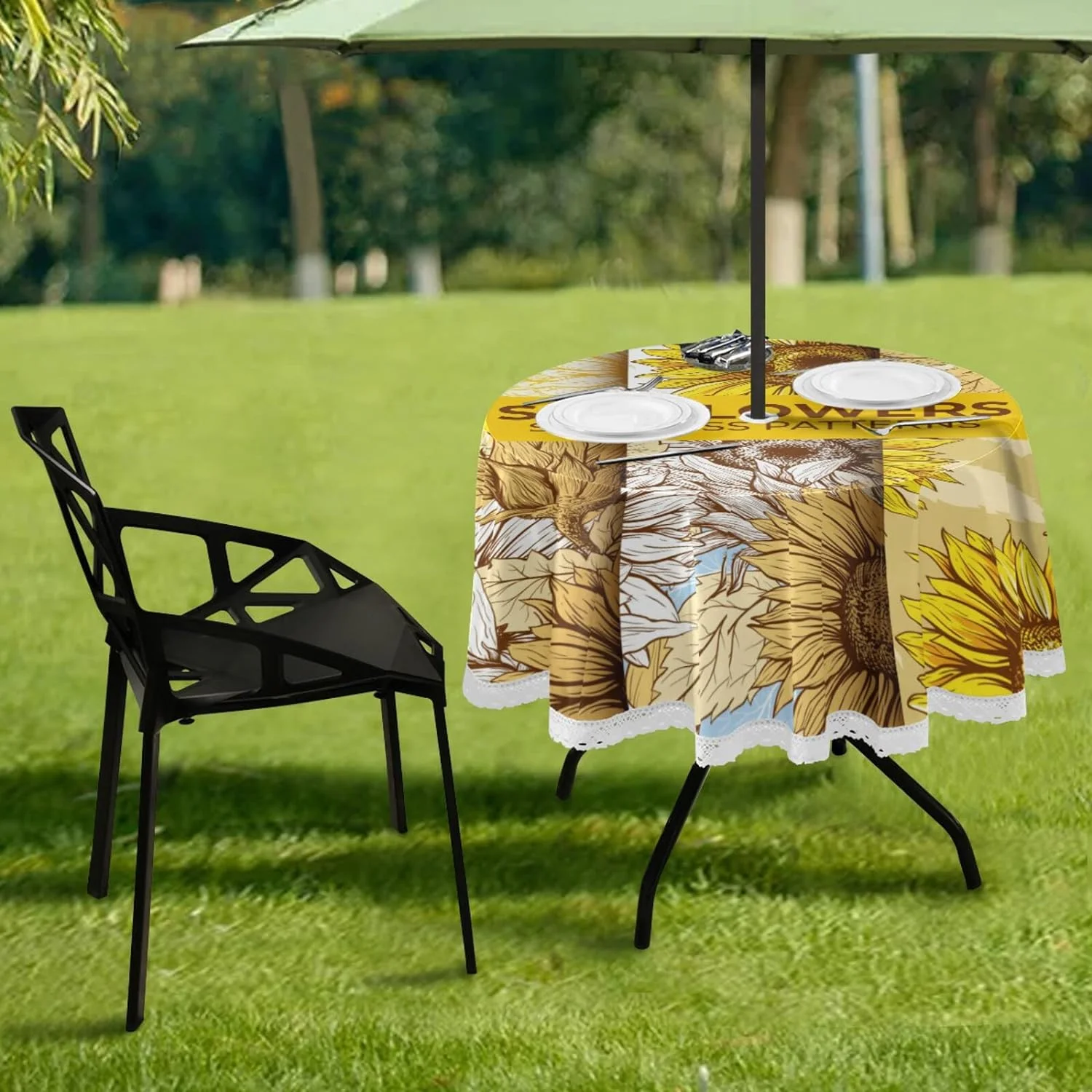 Outdoor Round Tablecloth 60 Inch Waterproof Table Cover with Umbrella Hole and Zipper for Backyard Picnic Party BBQ - Sunflowers Set Bundle Pattern Home Decor