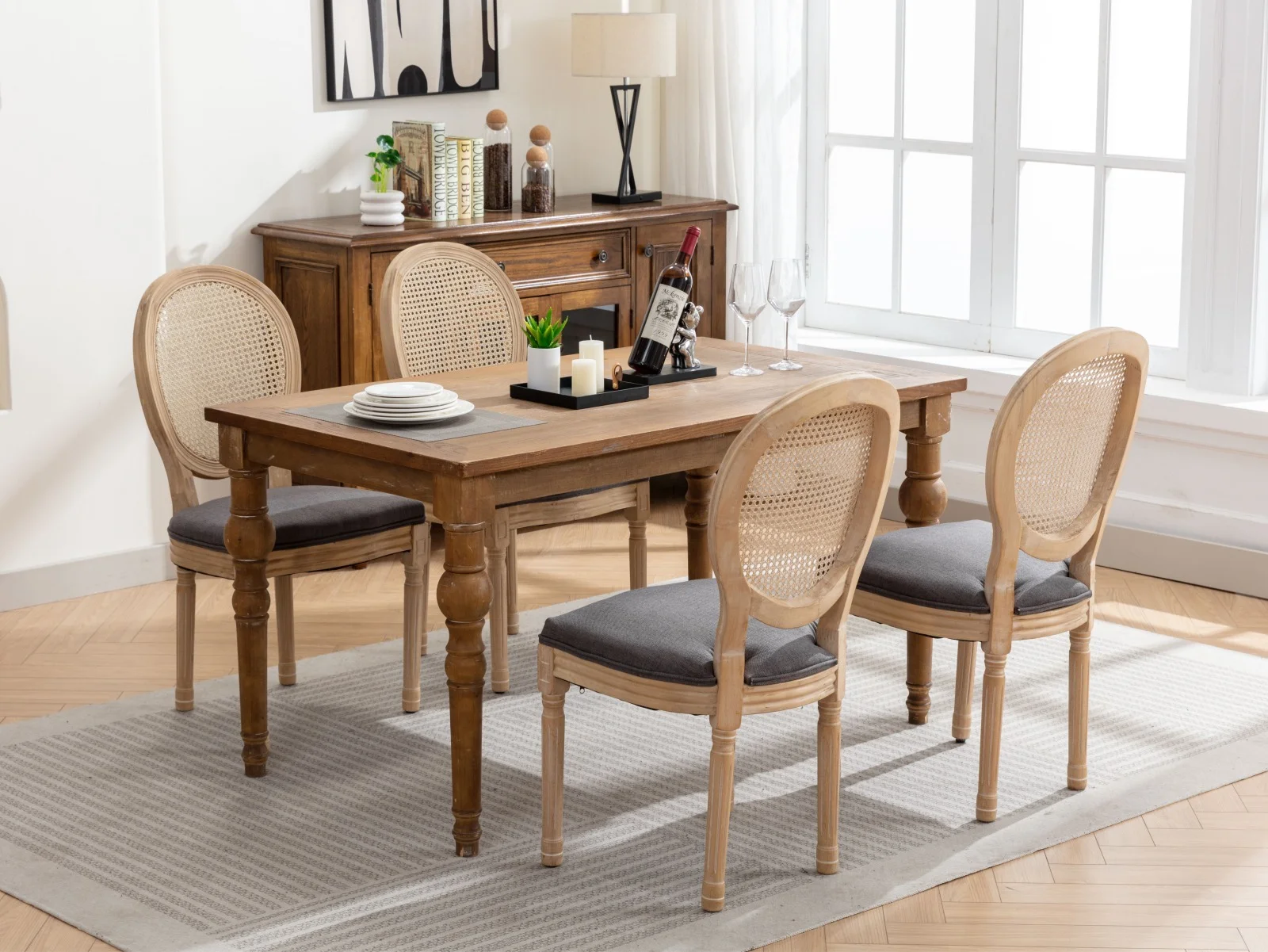 CGFHYP &  French Style Solid Wood Frame Antique Painting Linen Fabric Rattan Back Dining Chair  Gray