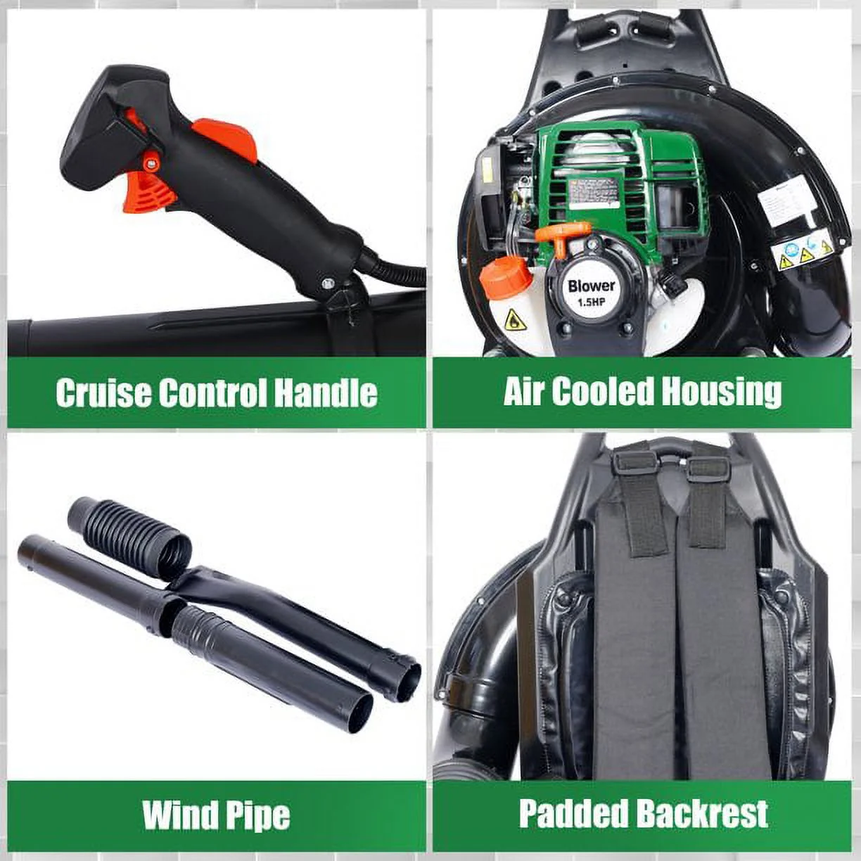 37.7CC 4 Stroke Leaf Blower Backpack with Extention Tube for Snow Blowing and Cleaning, Green (1.5HP 580CFM)