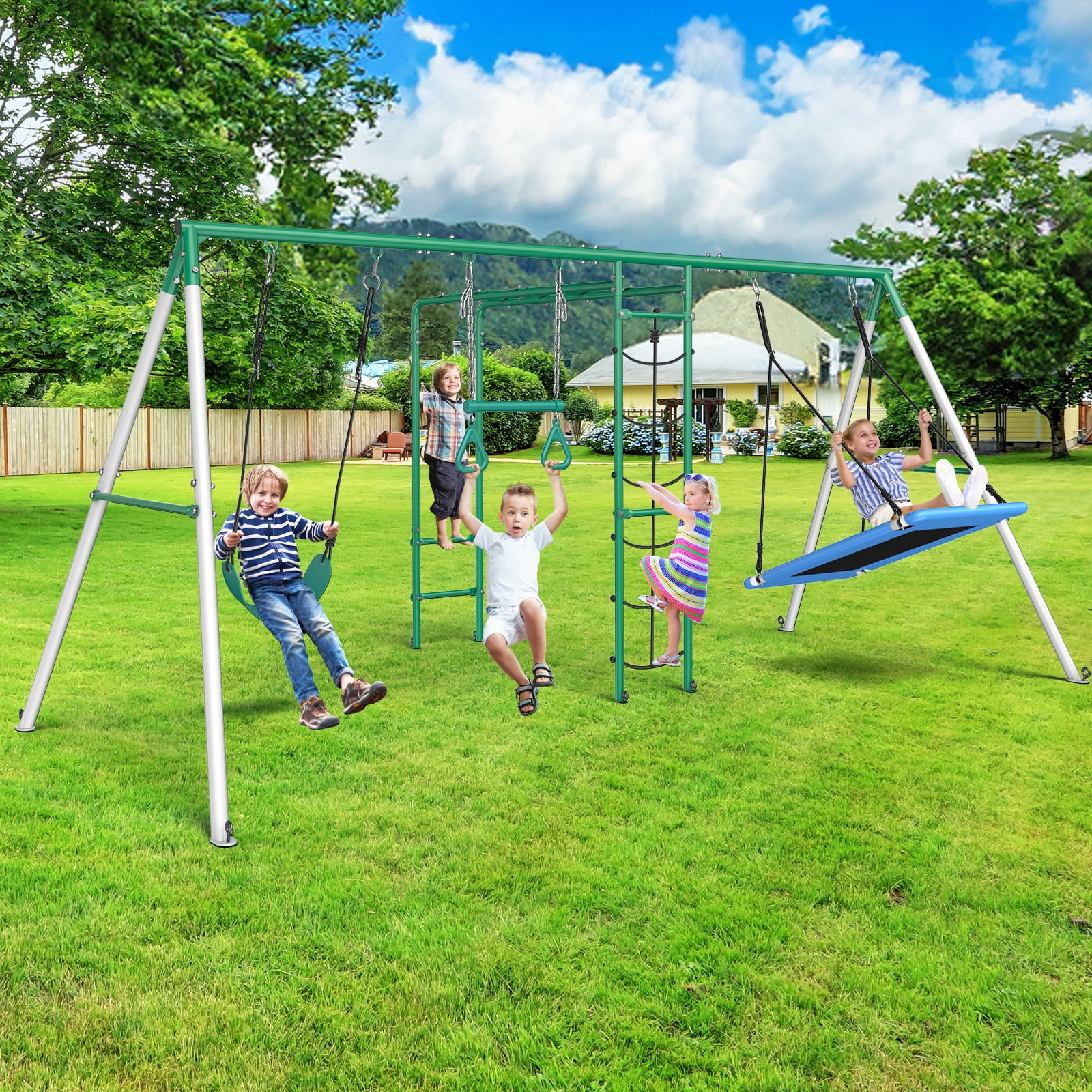 HAPFAN Heavy-Duty Metal Swing Sets for Backyard with 2 Swings, Ladder and Monkey Bar