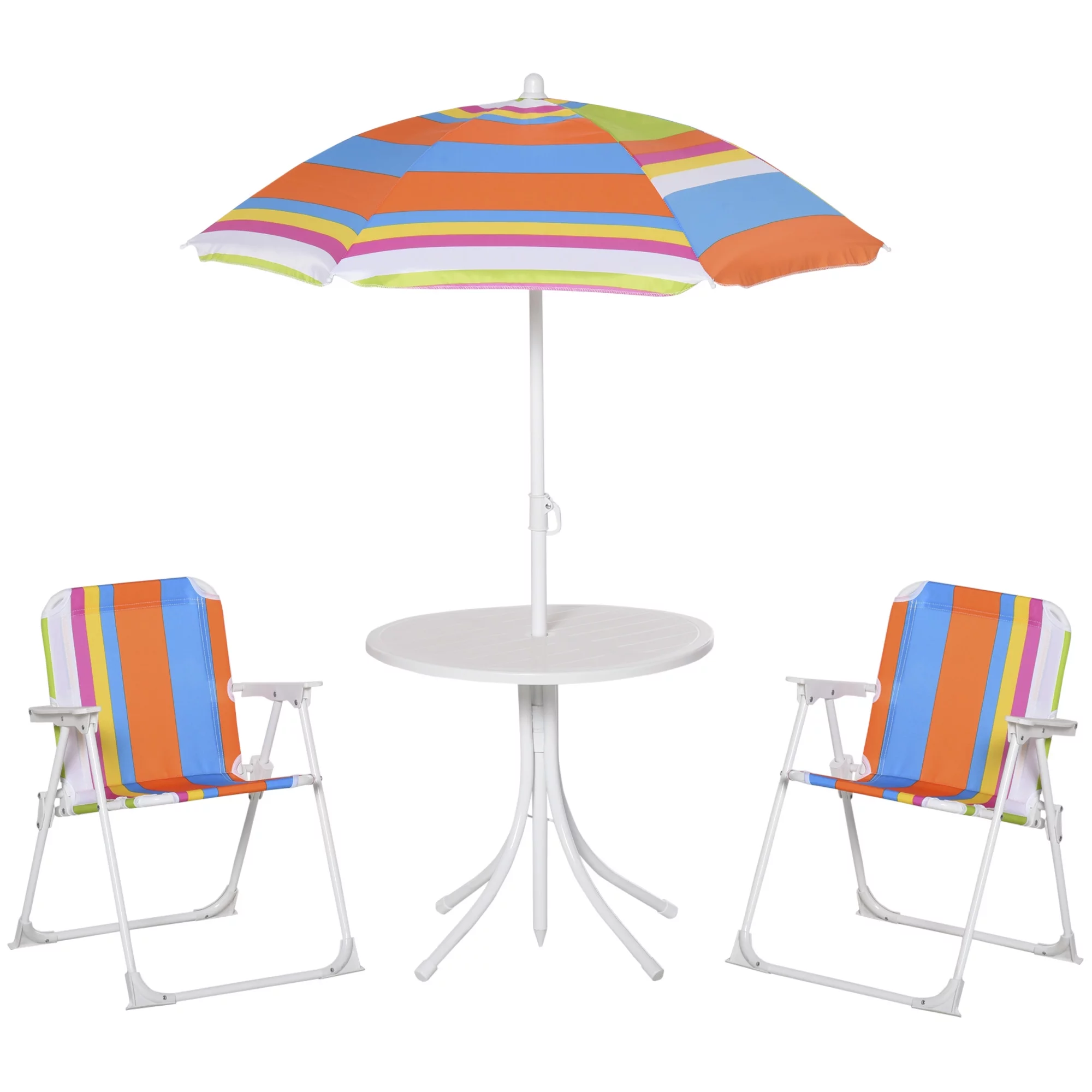 Kids Folding Table and Chairs Set Color Stripes for Outdoor Garden Patio Backyard with Removable Height Adjustable Sun Umbrella, Multi