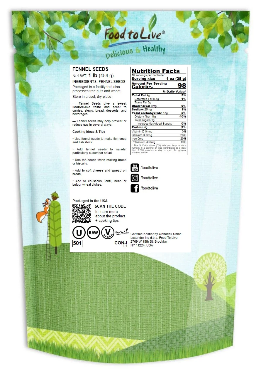 Fennel Seeds, 1 Pound – Kosher, Raw, Vegan – by Food to Live