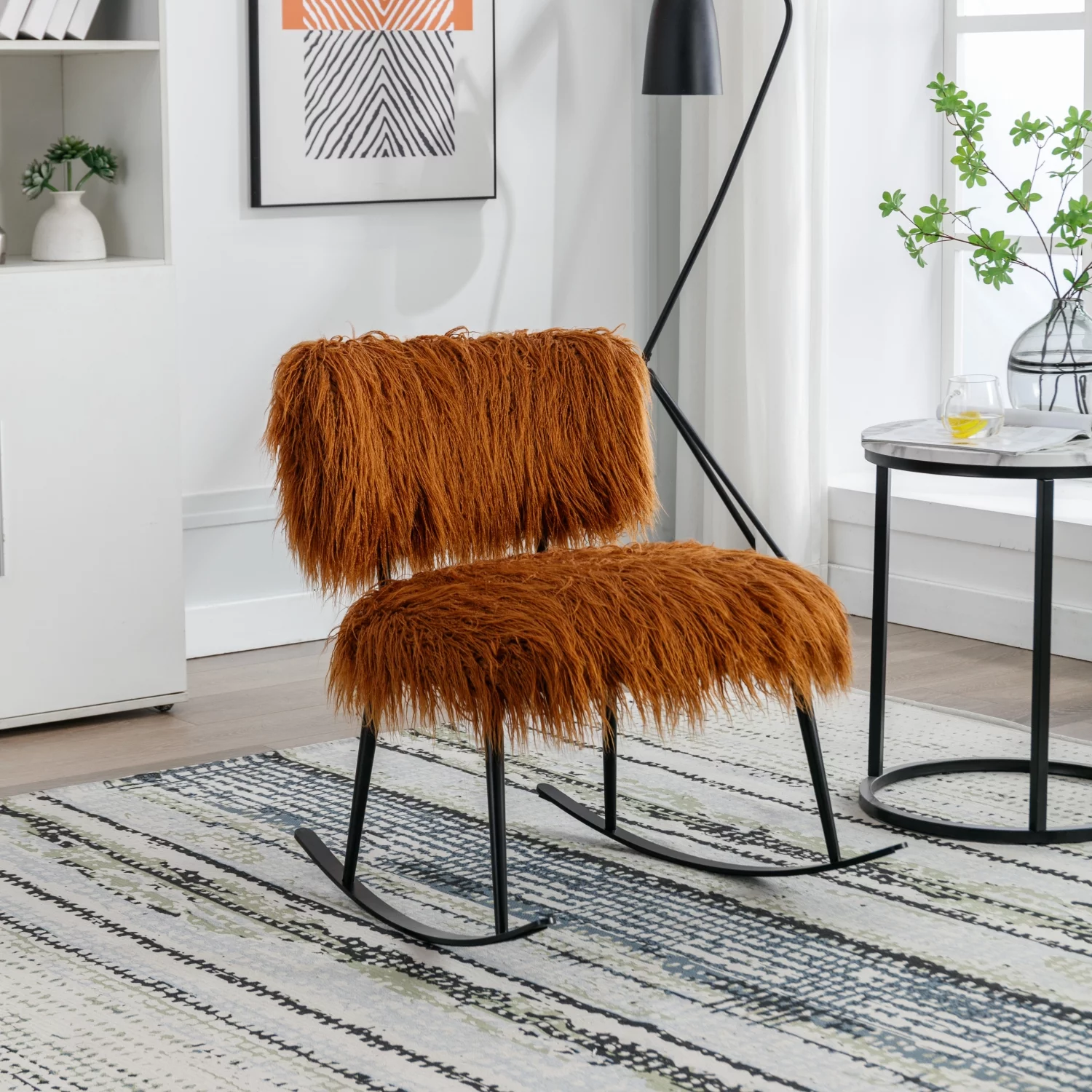 Comfortable Mid Century Modern Wide Upholstered Glider Chair in Caramel Faux Fur Plush for Baby Nursing with Metal Rocker  Cuddly Fluffy Rocking Chair for Living Room and Bedroom - 25.2 I
