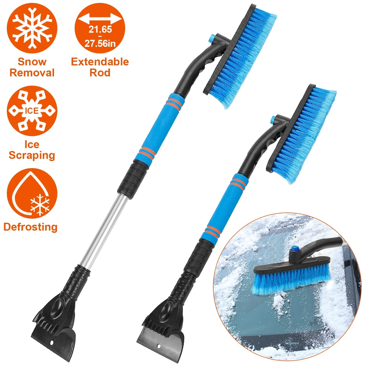 iMounTEK 3 in 1 Windshield Ice Scraper 27.56x9.06x4.33in Extendable Car Snow Removal Tool 360° Pivoting Brush Head Car Broom Snow Shovel Automobile Frost Removal, Blue