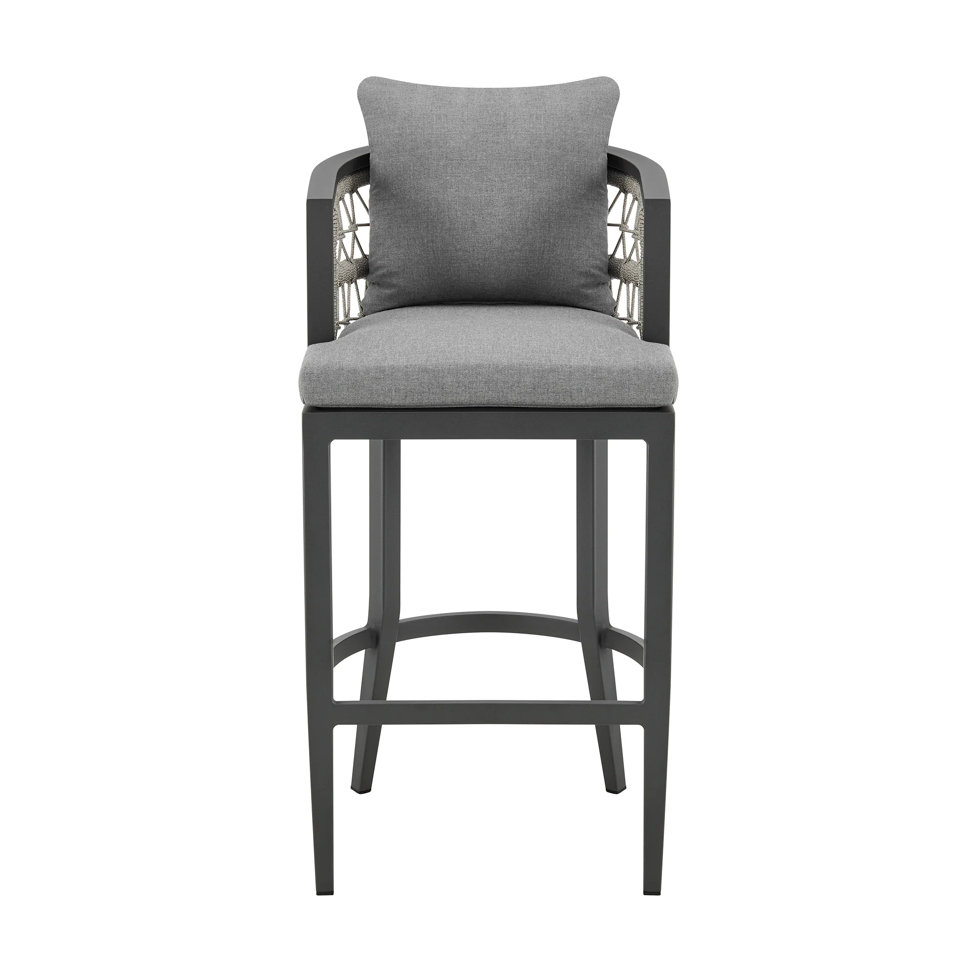 Zella Outdoor Patio Armchair in Aluminum with Light Gray Rope and Earl Gray Cushions