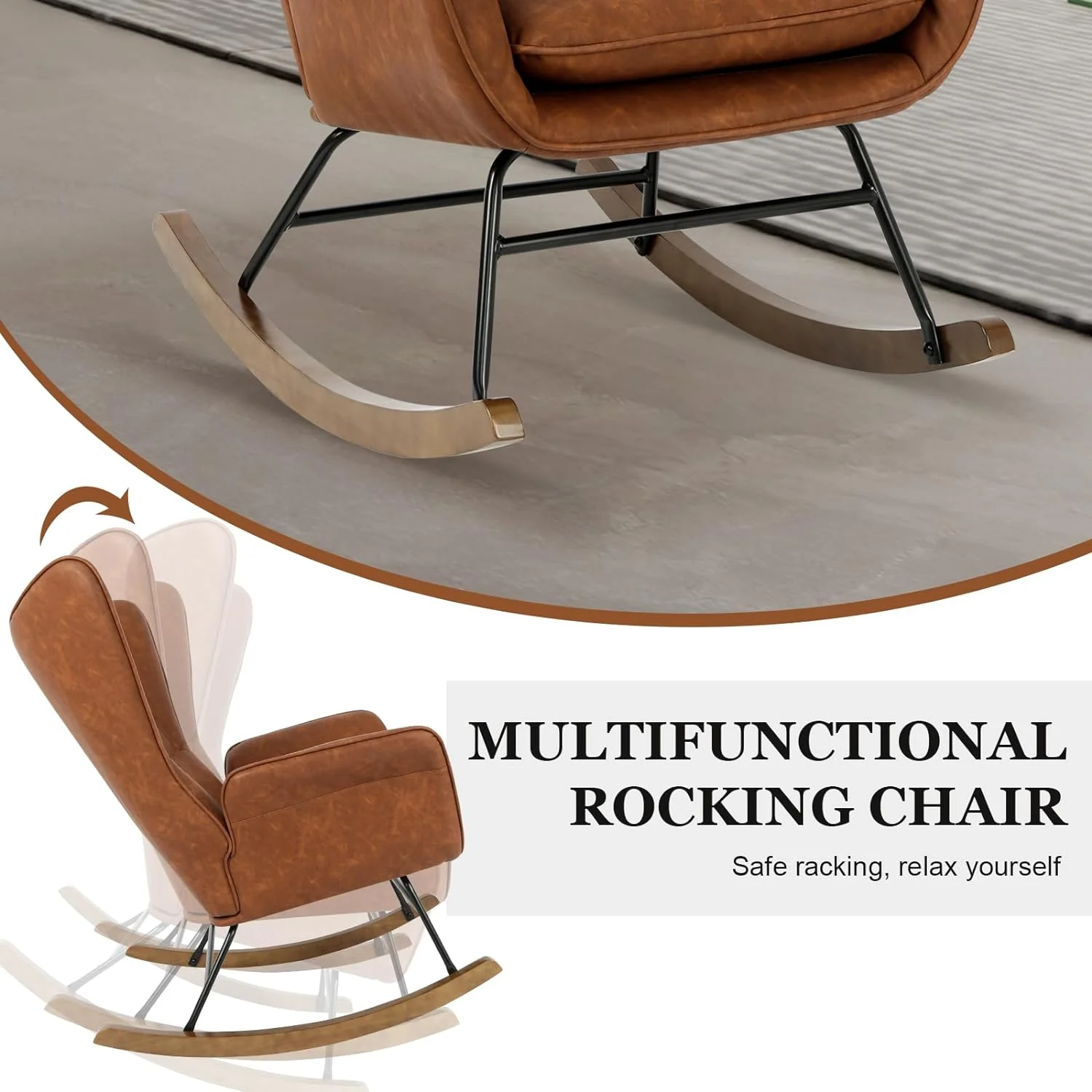 CHIOPKM Rocker Glider Chair Modern Nursery Rocking Chair PU Leather  with Wooden Base High Backrest and Armrests Padded Seat Comfy Upholstered  Chair   Room Bedroom Office Brown