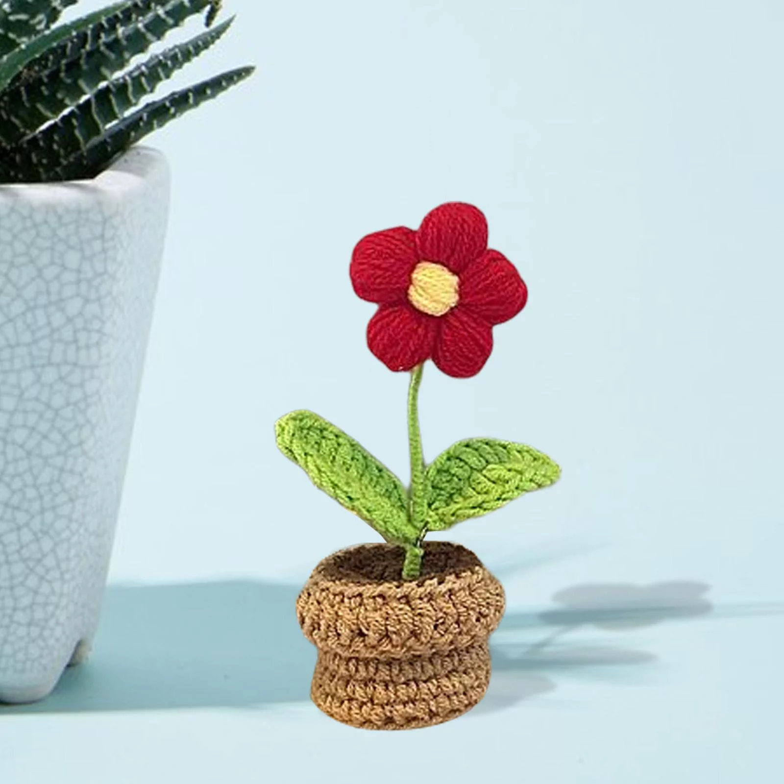 Handmade Beginner Knitted Flowerpot Small Potted Flower Crocheting Craft Includes Red Flower