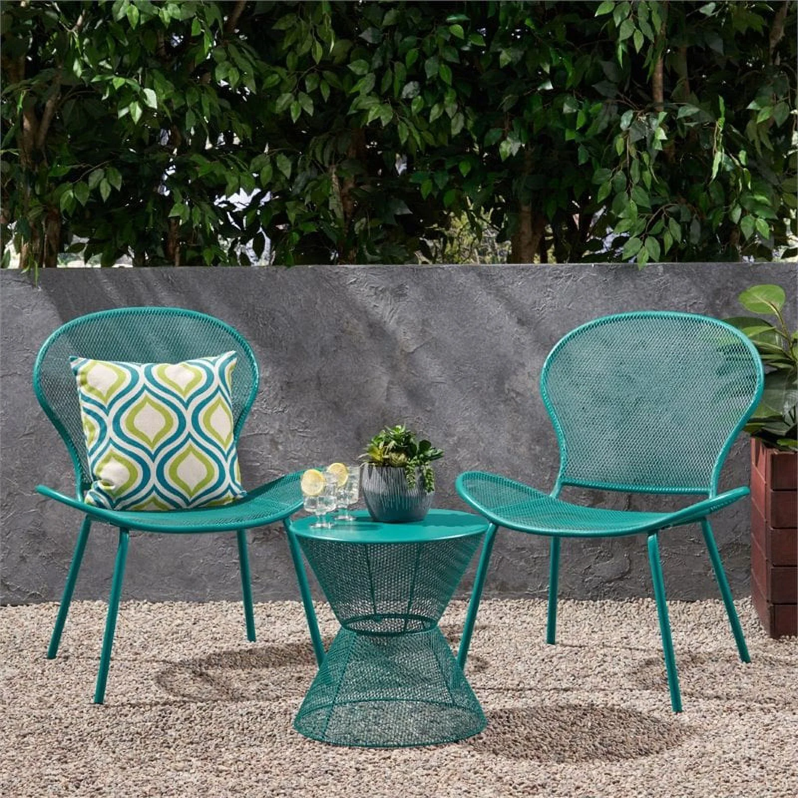 Kreighton Modern Outdoor 2 Seater Iron Chat Set with Side Table, Matte Teal