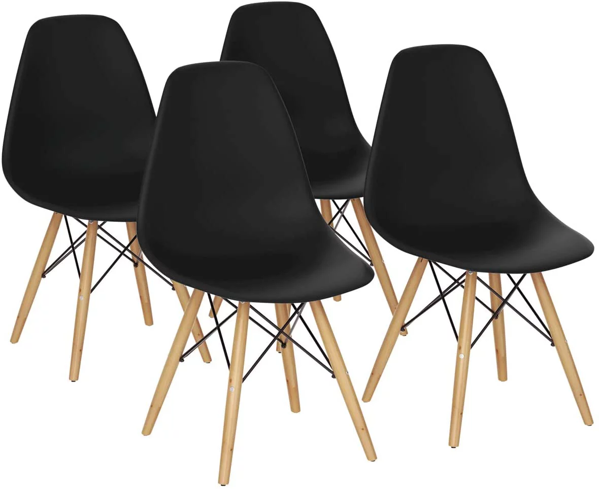 Dining Chairs Set of 4 Black, Pre Assembled Mid Century Modern Dining Chairs with Wood Legs, Armless Kitchen Chairs, Plastic Side Chair for Dining Room, Kitchen, Living Room