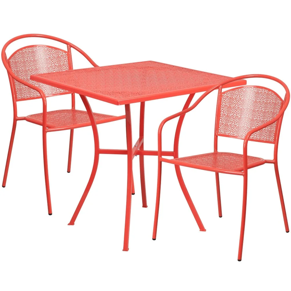 Flash Furniture 28'' Square Indoor-Outdoor Steel Patio Table Set with 2 Round Back Chairs Coral