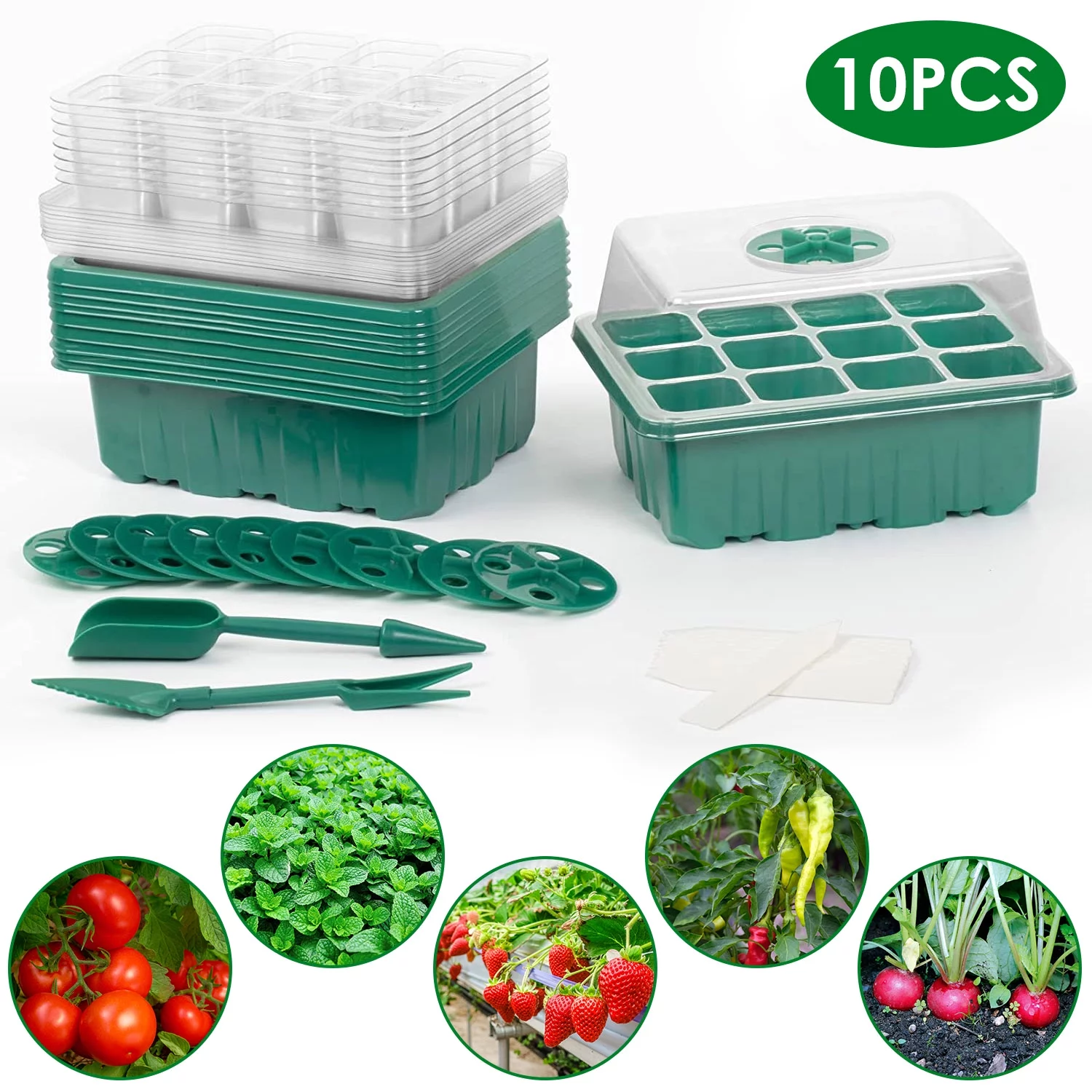 10Pcs iMounTEK Seed Starter Tray Kit Reusable Greenhouse Growing Germination Tray with Humidity Dome Label 2Pcs Garden Tools Overall 120Cells Seeding Propagator (12Cells per Tray)