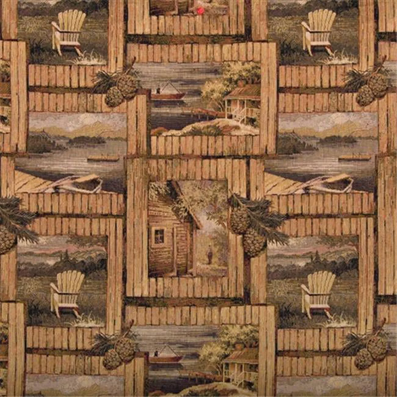 Designer Fabrics A001 54 in. Wide - Rustic Cabin Scene With Fishing Boat- Chair And Acorns- Themed Tapestry Upholstery Fabric