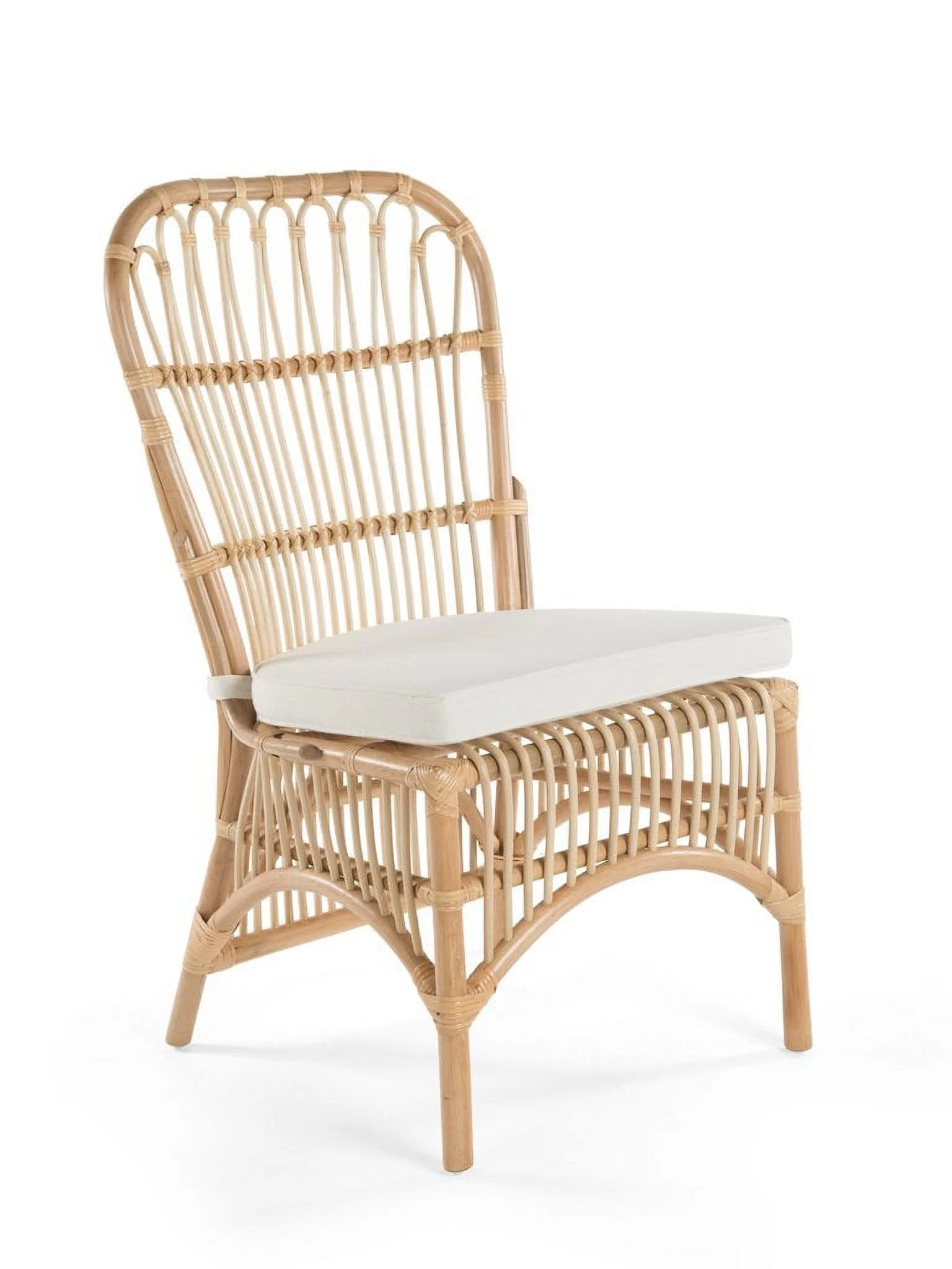 Rattan Loop Side Chair with Seat, White Cushion Accent, Natural Color, Chairs for Dining Room, Set of 2, Natural