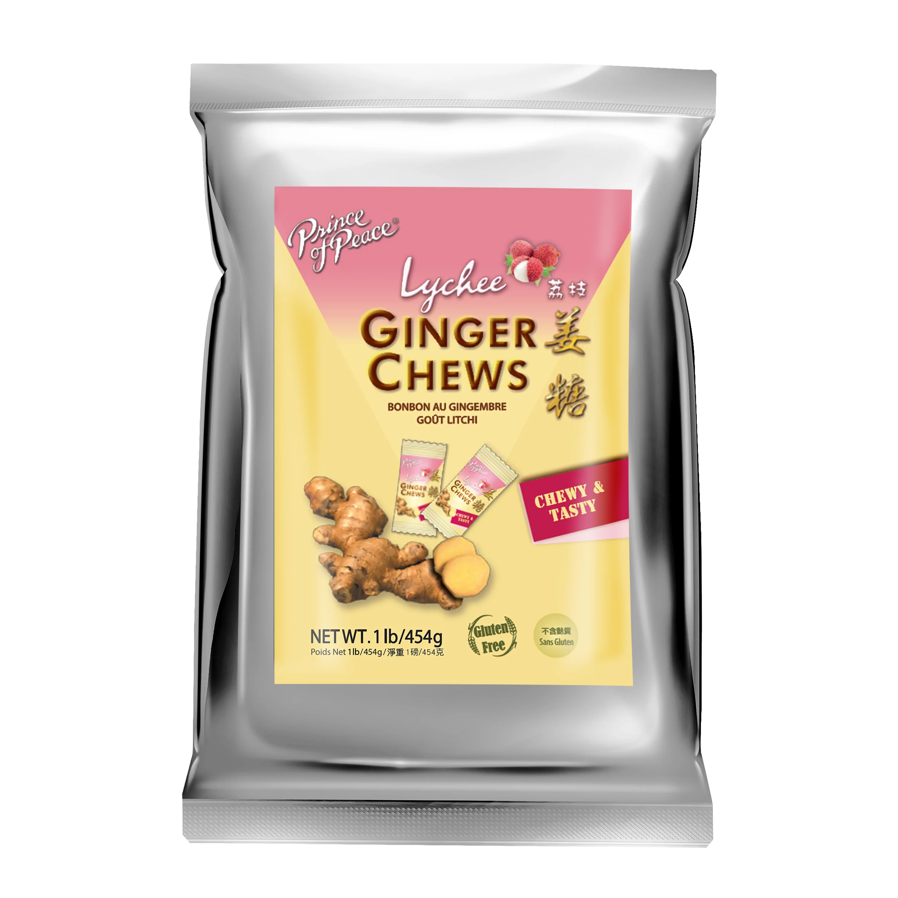 Prince of Peace Ginger Chews with Lychee, 1 lb. – Candied Ginger – Lychee Flavored Candy – Lychee Ginger Chews – Ginger