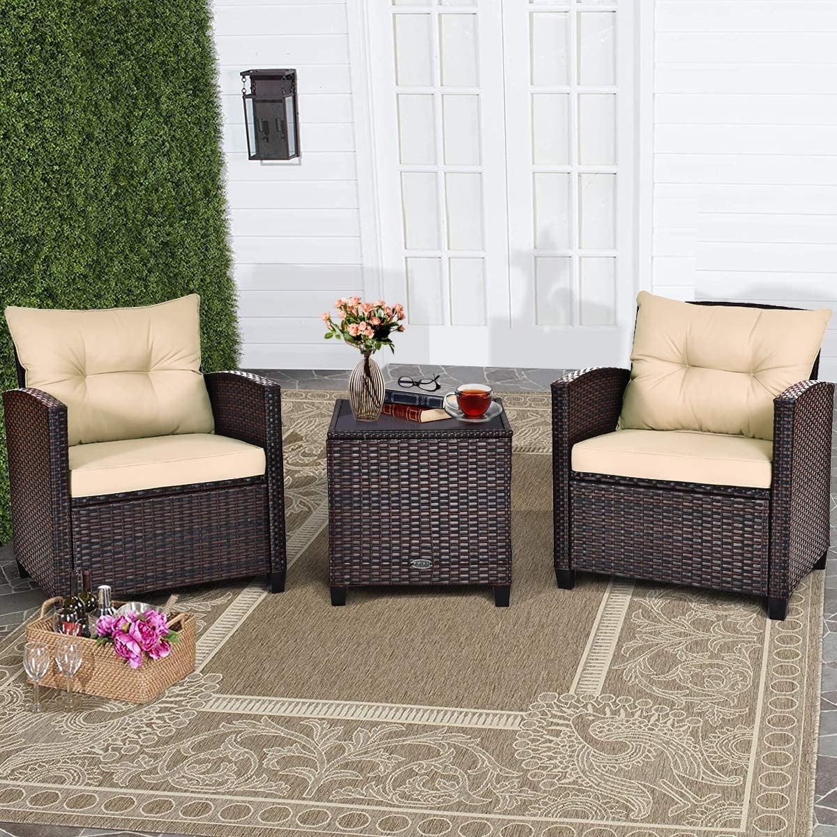 3 Piece Patio Furniture Set, Wicker Bistro Conversation Set W/ 2 Cushioned Armchairs & Glass Topped Table, Outdoor Rattan Sofa Set Patio Furniture For Porch Balcony Poolside (Beige)