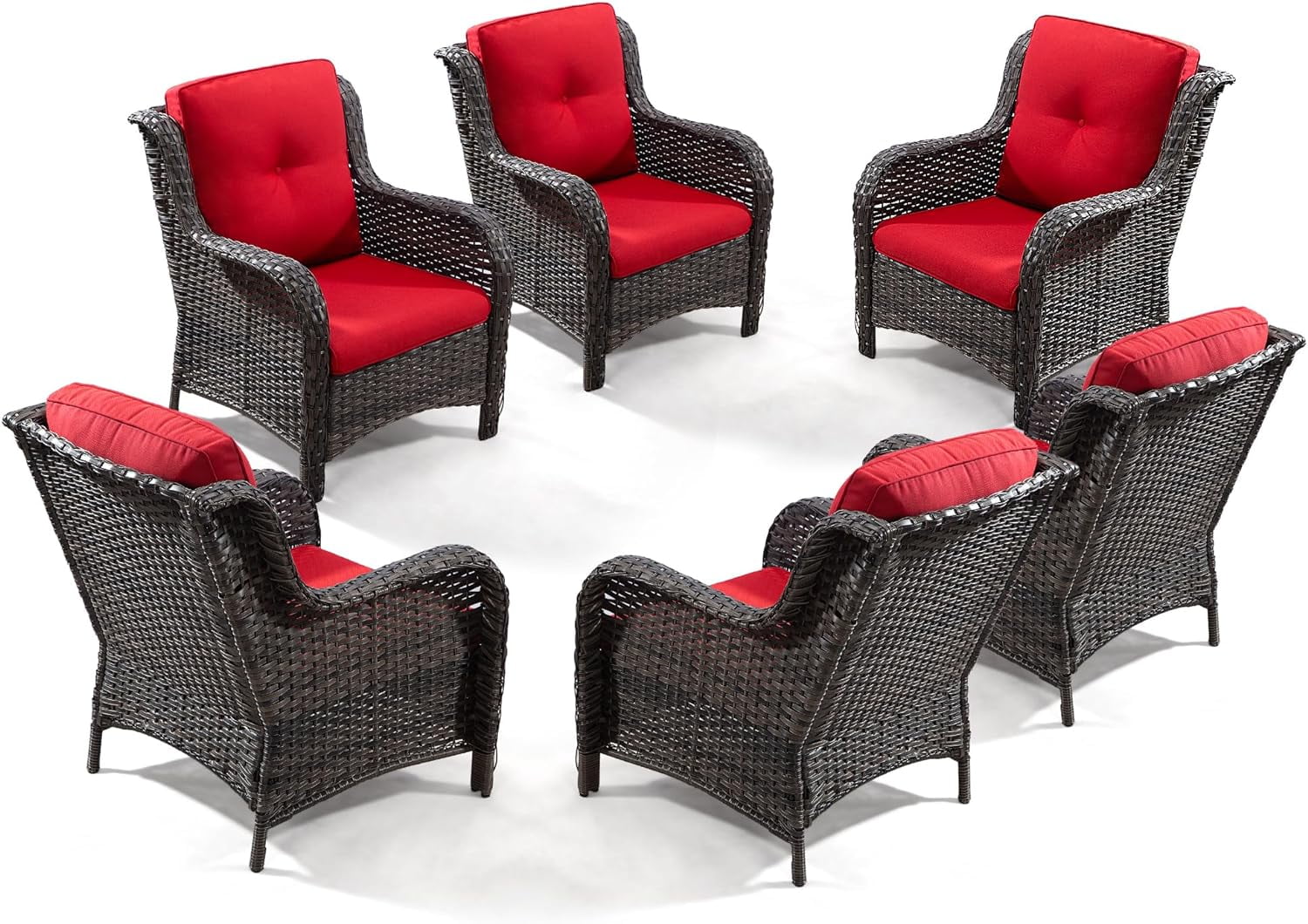 Patio Wicker Chairs Set of 6, Patio Rattan Dining Chairs with 3.5-inch Seat Cushions, High Back and Curved Armrest for Garden, Backyard, Balcony and Deck, Red