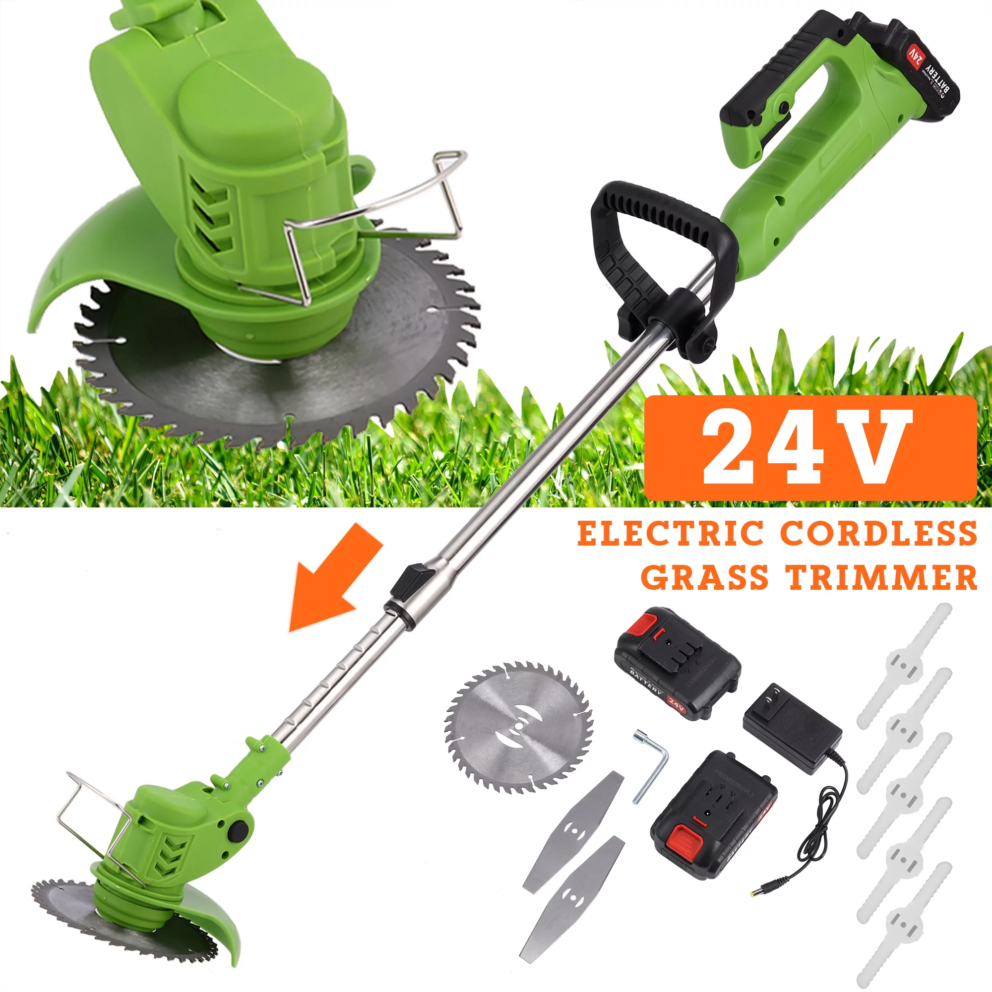 QIYAA Cordless String Trimmer Weed Wacker, 24V Power Grass Trimmer Lawn Edger with 2 Battery, Adjustable Height Weed Eater Tool for Garden and Yard (Green)