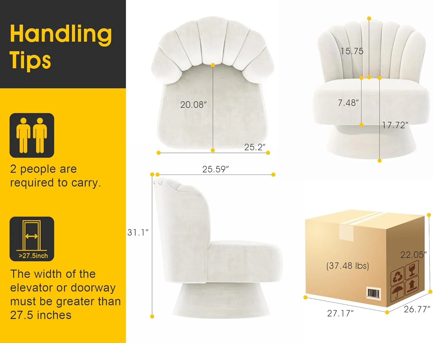 Modern 360 Degree Swivel Velvet Barrel Accent Chair, Comfy Side Corner Shell Sofa Chair for Small Spaces, Tufted Upholstered Armless Chair for Living Room, Bedroom, Office, Vanity (Beige)