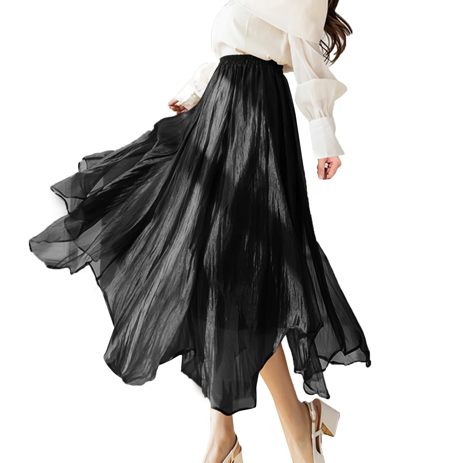 Spring Maxi Skirt 2023 Women'S Long Satin Fall Skirt Elegant High Waist Cocktail Party Wedding Flared A Line Midi Skirts Skirt Sets Women 2 Piece Outfits Business Casual