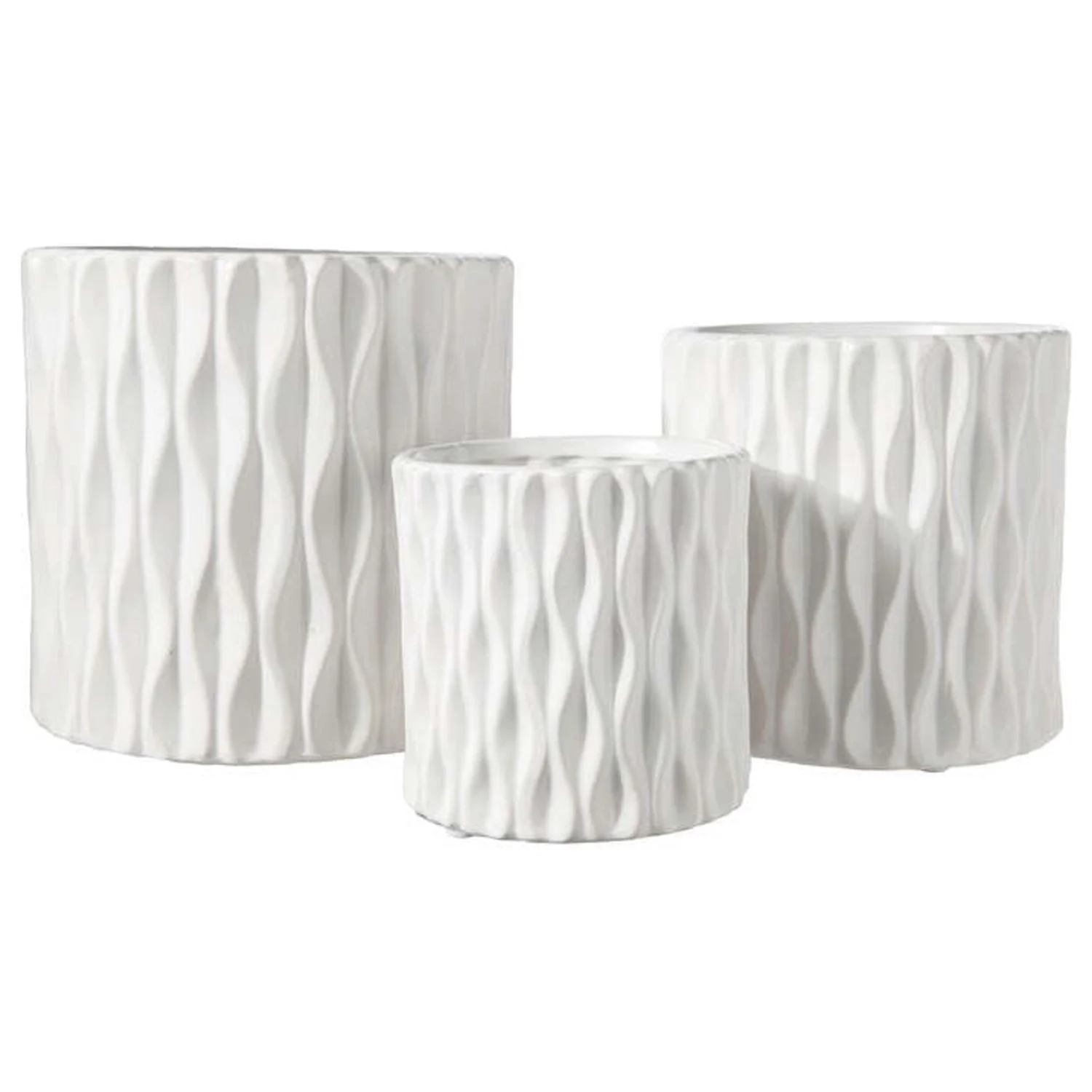 Urban Trends Collection Ceramic Cylindrical Pot wth Wide Mouth and Embossed Wave Design Body, Set of 3