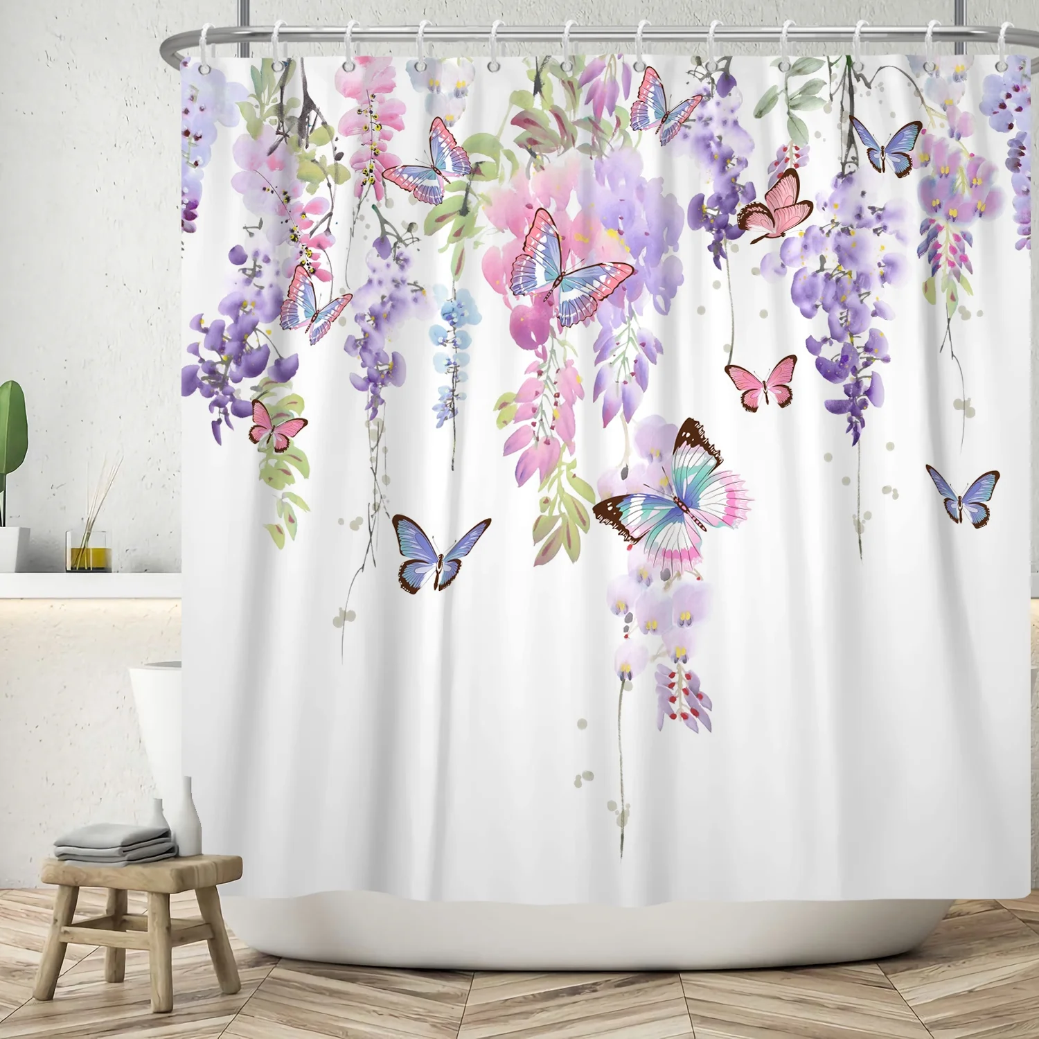 SUNOLIFE Purple Floral Shower Curtain Flowers with Butterfly Waterproof Fabric Bathroom Curtain 72x72 in