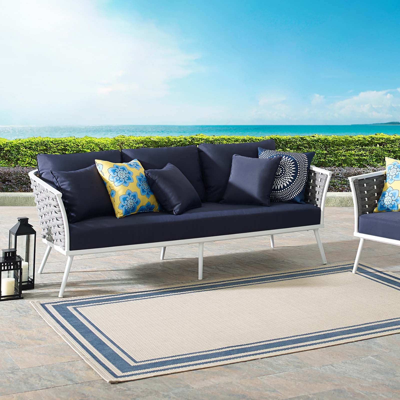 Contemporary Modern Urban Designer Outdoor Patio Balcony Garden Furniture Lounge Sofa, Fabric Aluminum, Navy Blue White