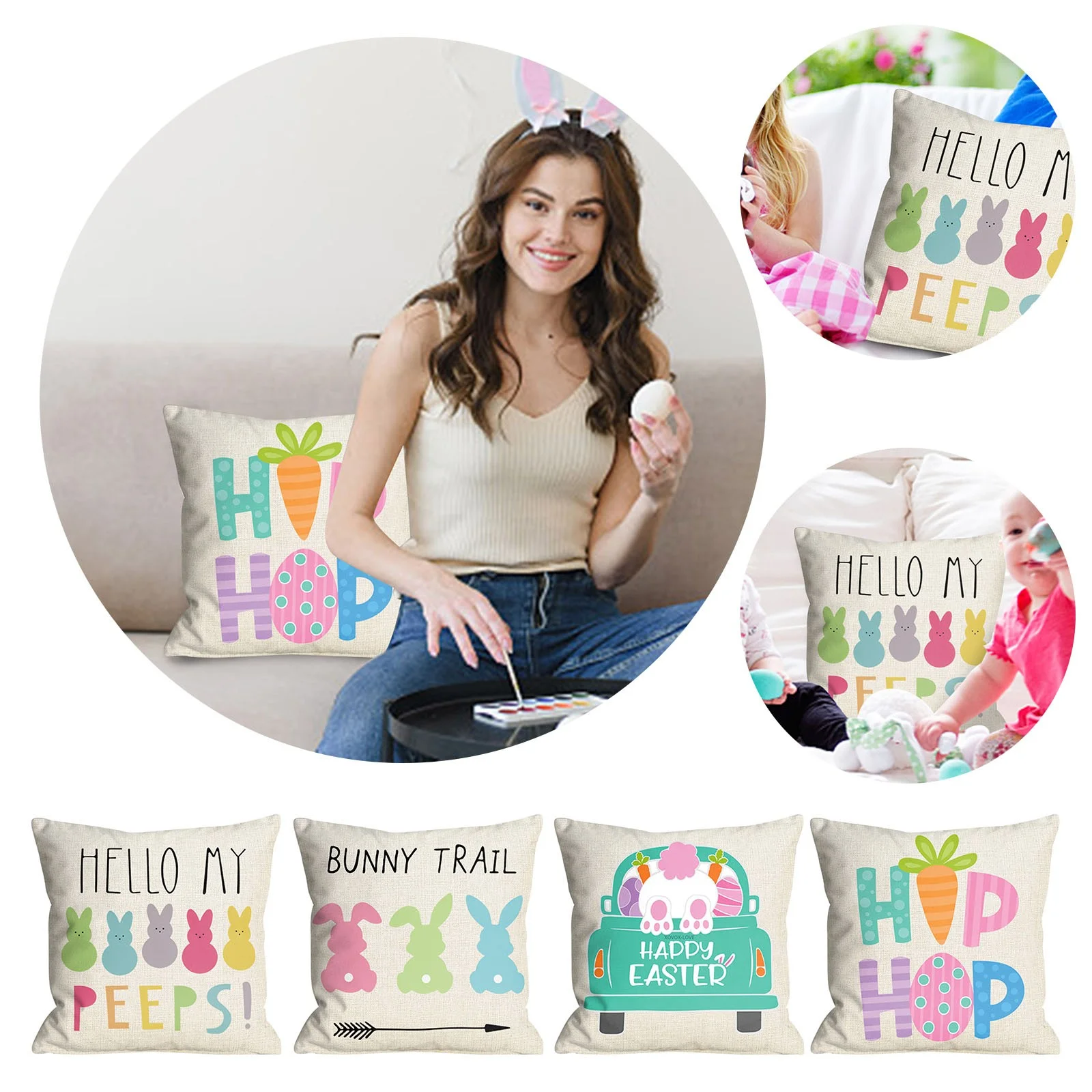 SIfdSeng 4 Pcs Easter Rabbit Throw Pillow Covers 18 X 18 Inch Easter Bunny Egg Happy Easter Pillowcases Decorative Cotton Linen Cushion Covers for Sofa Couch Chair Pillow Covers 612