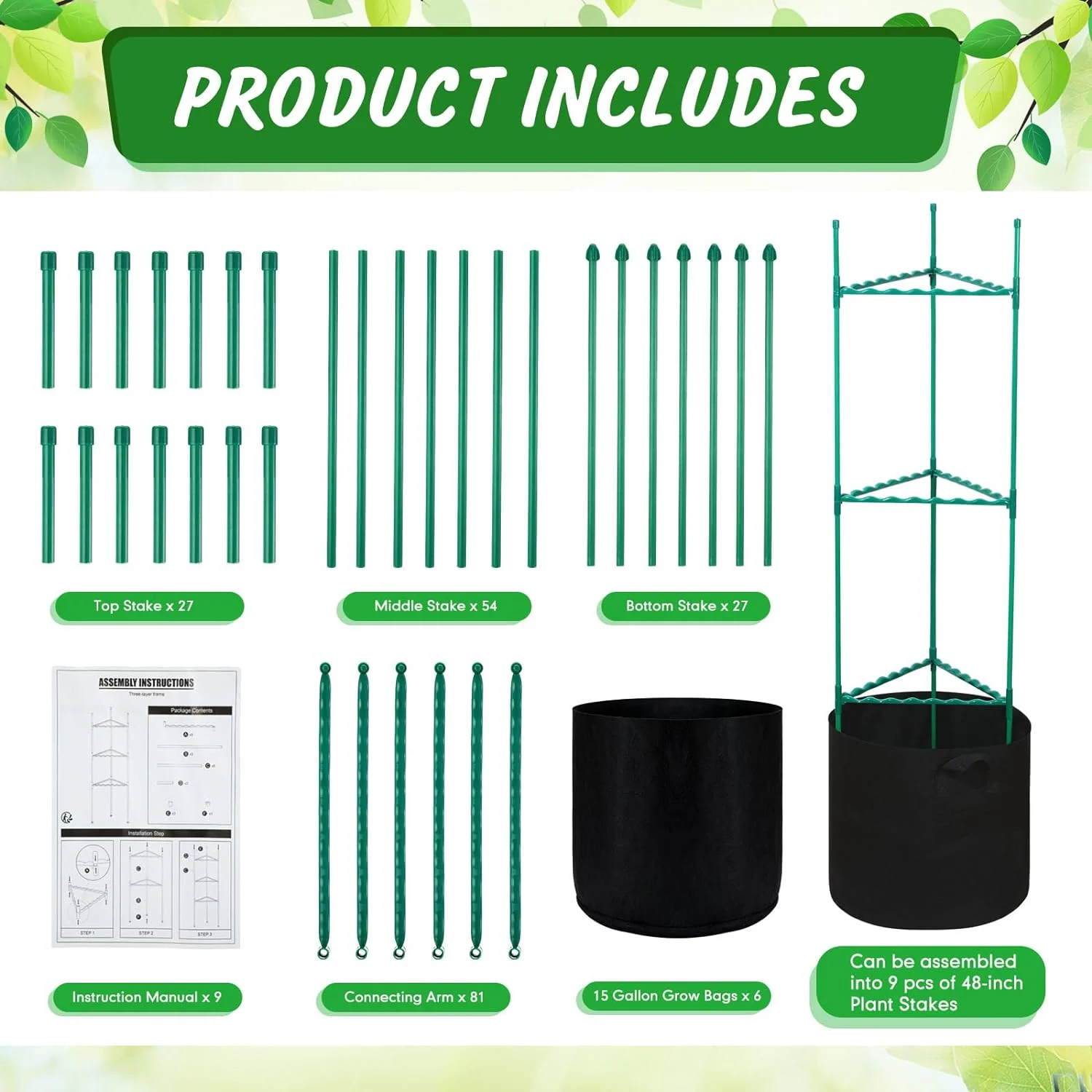 18 Pcs 48 Inch Tomato Cages with 15 Gallon Grow Bags Tomato Cage Stake Vegetable Trellis Nonwoven Plant Fabric Pot with Handles Plant Tower Stake Garden Trellis for Vertical Climbing Plant