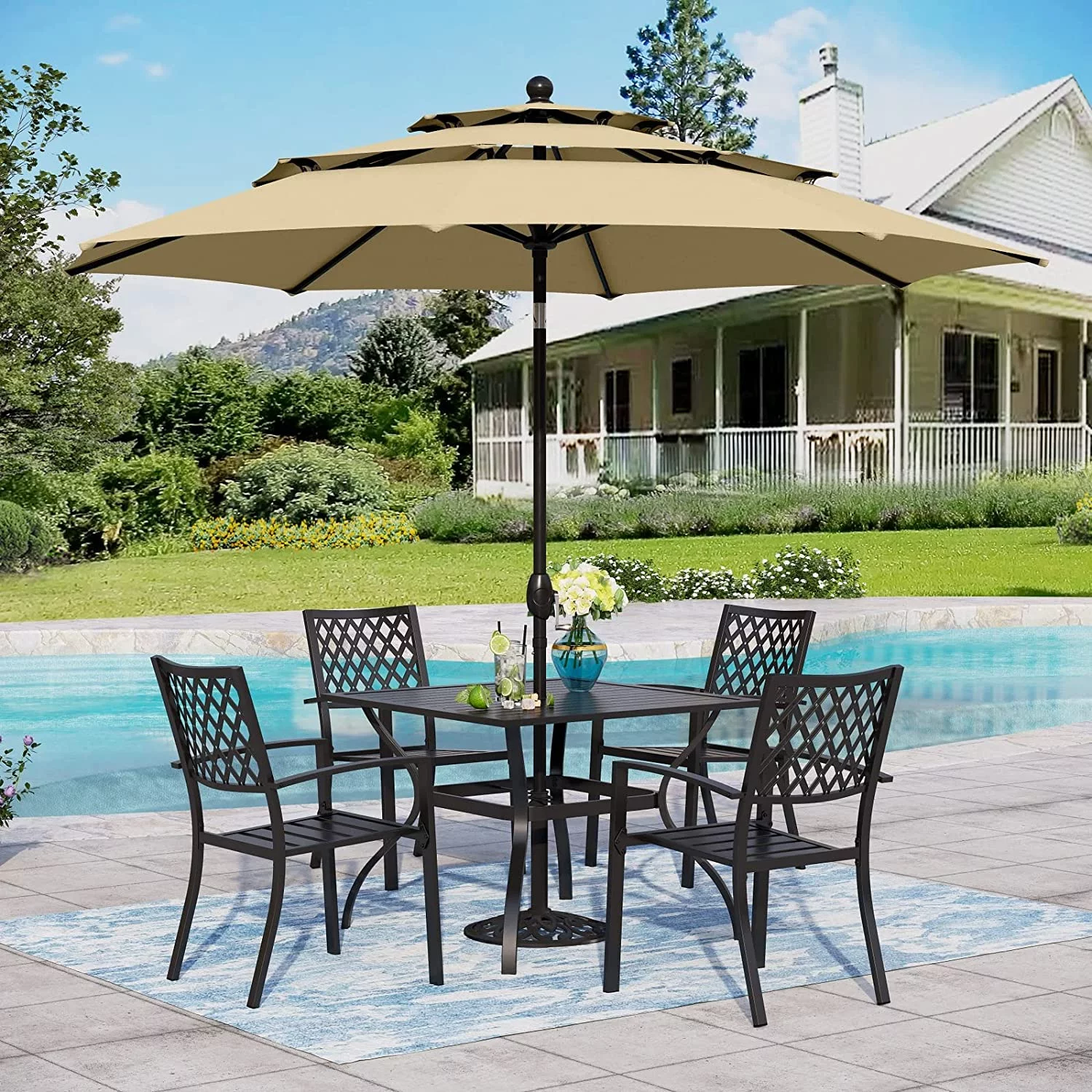 & William Patio Dining Set with 13ft Double-Sided Patio Umbrella  8 Piece Metal Outdoor Table Furniture Set with 6 Outdoor Chairs & 1 Rectangular Dining Table & 1 Large Orange