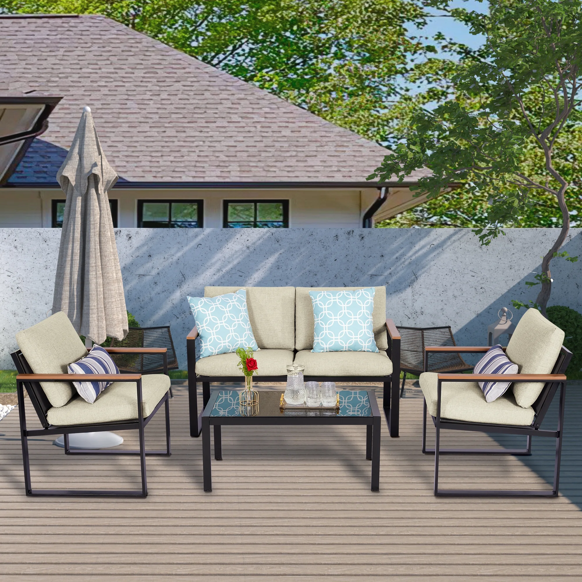 Natural Expressions 4 Pieces Conversation Set, Beige Rectangular Modern Patio Furniture Set