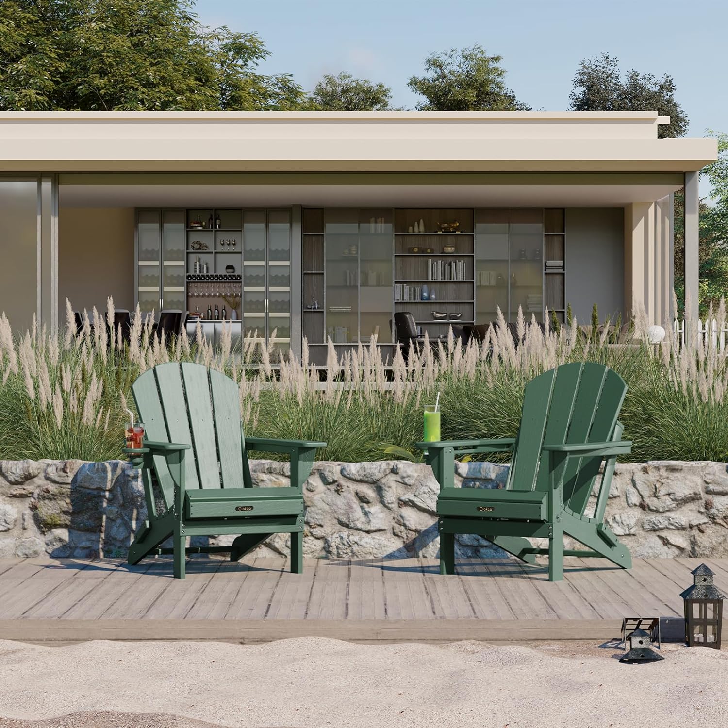 Folding Adirondack Chair Wood Texture, Patio Adirondack Chair Weather Resistant, Plastic Fire Pit Chair with Cup Holder, Lawn Chair for Outdoor Porch Garden Backyard Deck (Green)