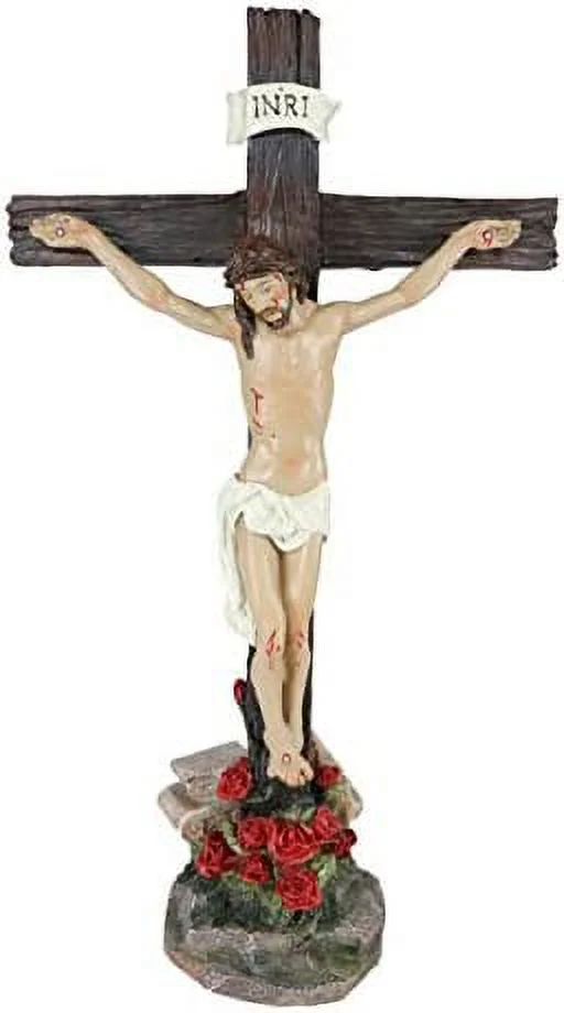 INRI Jesus Christ Crucified On The Cross With Solemn Rose of Sharon Base Decorative Crucifix Desktop Statue 15.25