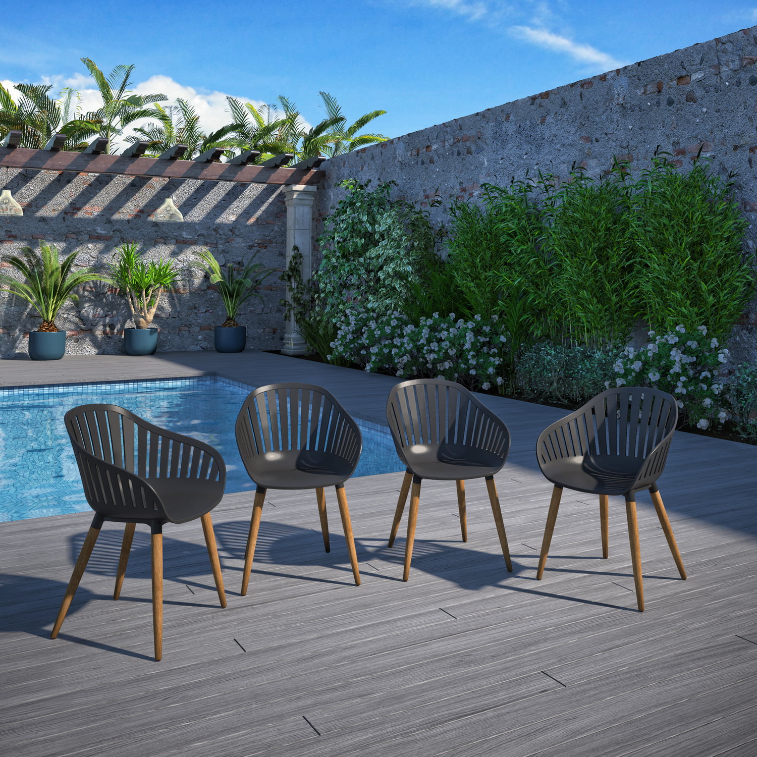 Amazonia 9 Piece Rectangular Patio Dining Set W/Black Plastic Teak Finish Chairs